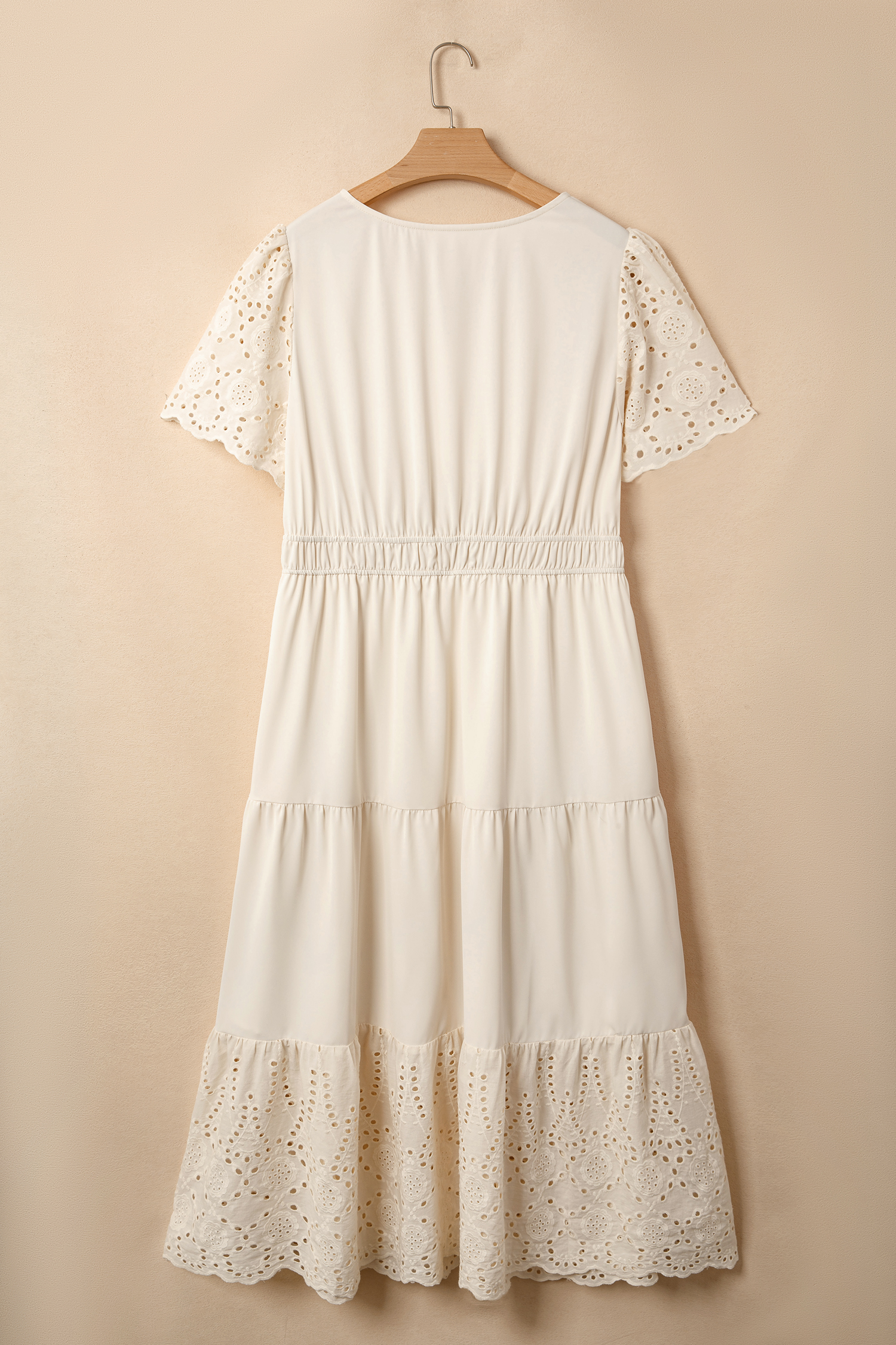 Plus Size Apricot  V Neck Lacy Embroidery Patchwork Short Sleeve Maxi Dress