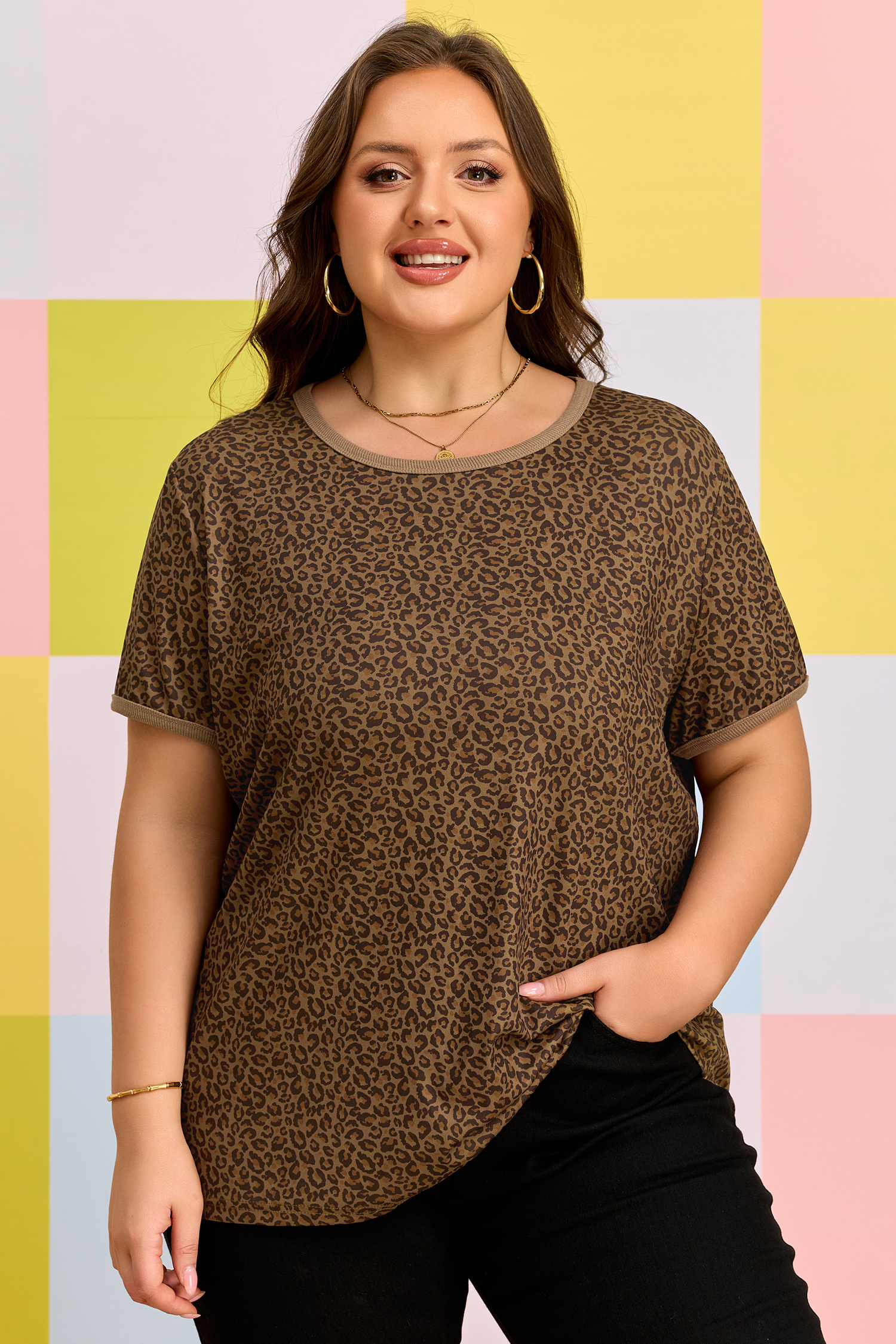 Plus Size Khaki  Leopard Print Ribbed Trim Round Neck Tee