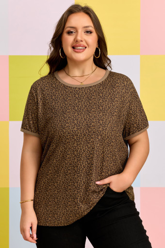 Plus Size Khaki  Leopard Print Ribbed Trim Round Neck Tee