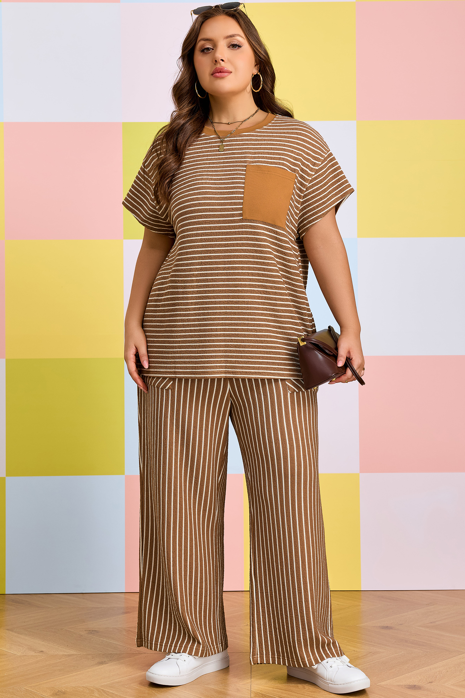 Plus Size Khaki Stripe  Striped Colorblock Pocket Lounge Set