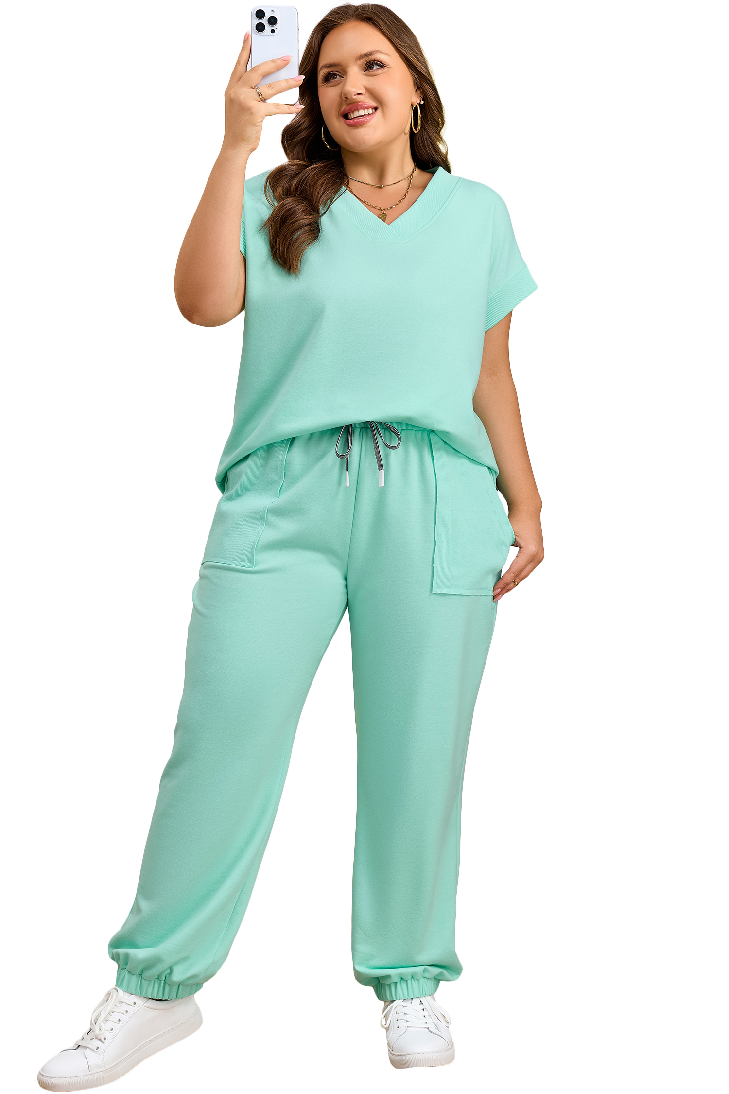 Plus Size Mint Green Solid V-Neck Tee and Drawstring  Pants Set
