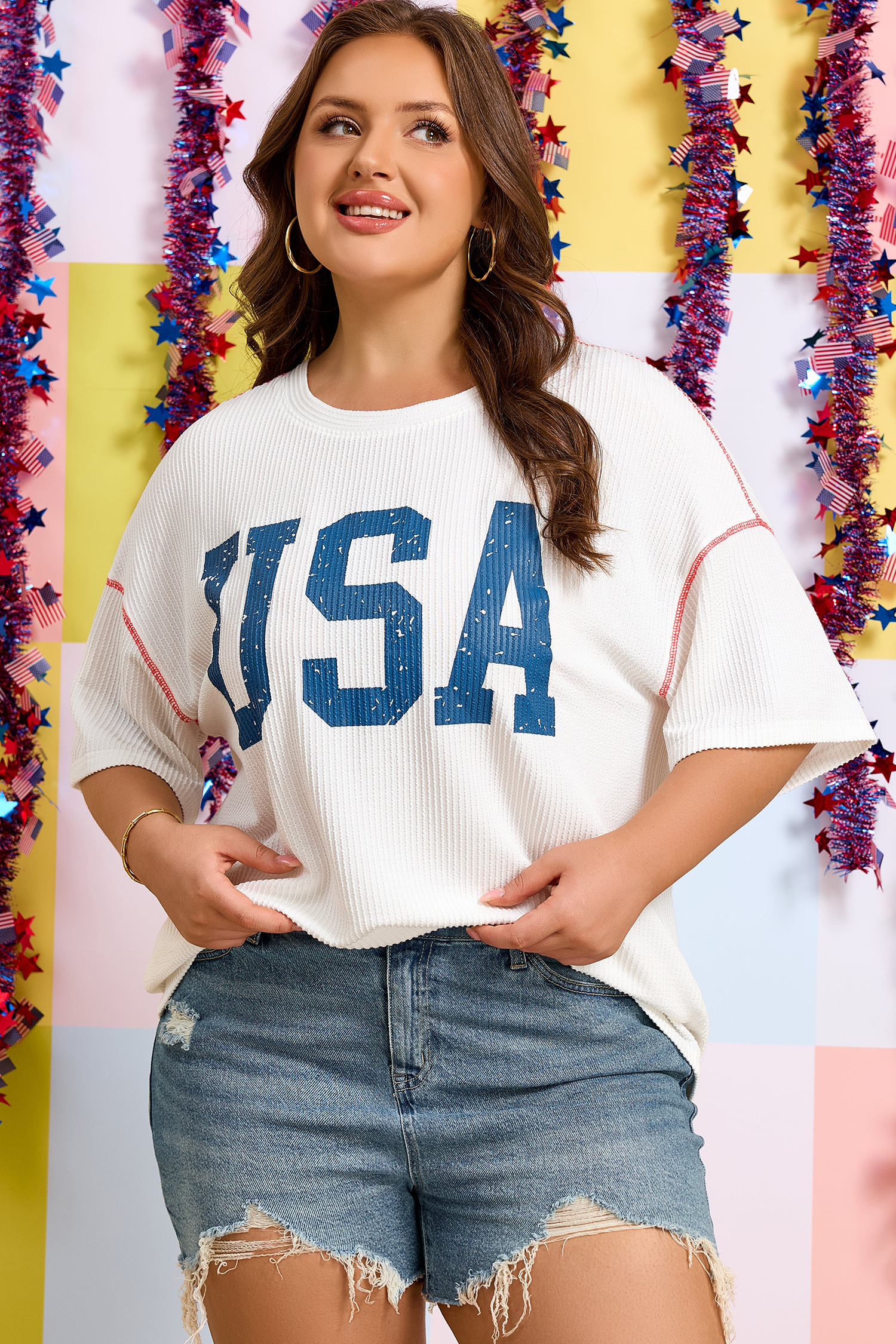 Plus Size White  Twisted Rib Vintage USA Letter Printed T Shirt