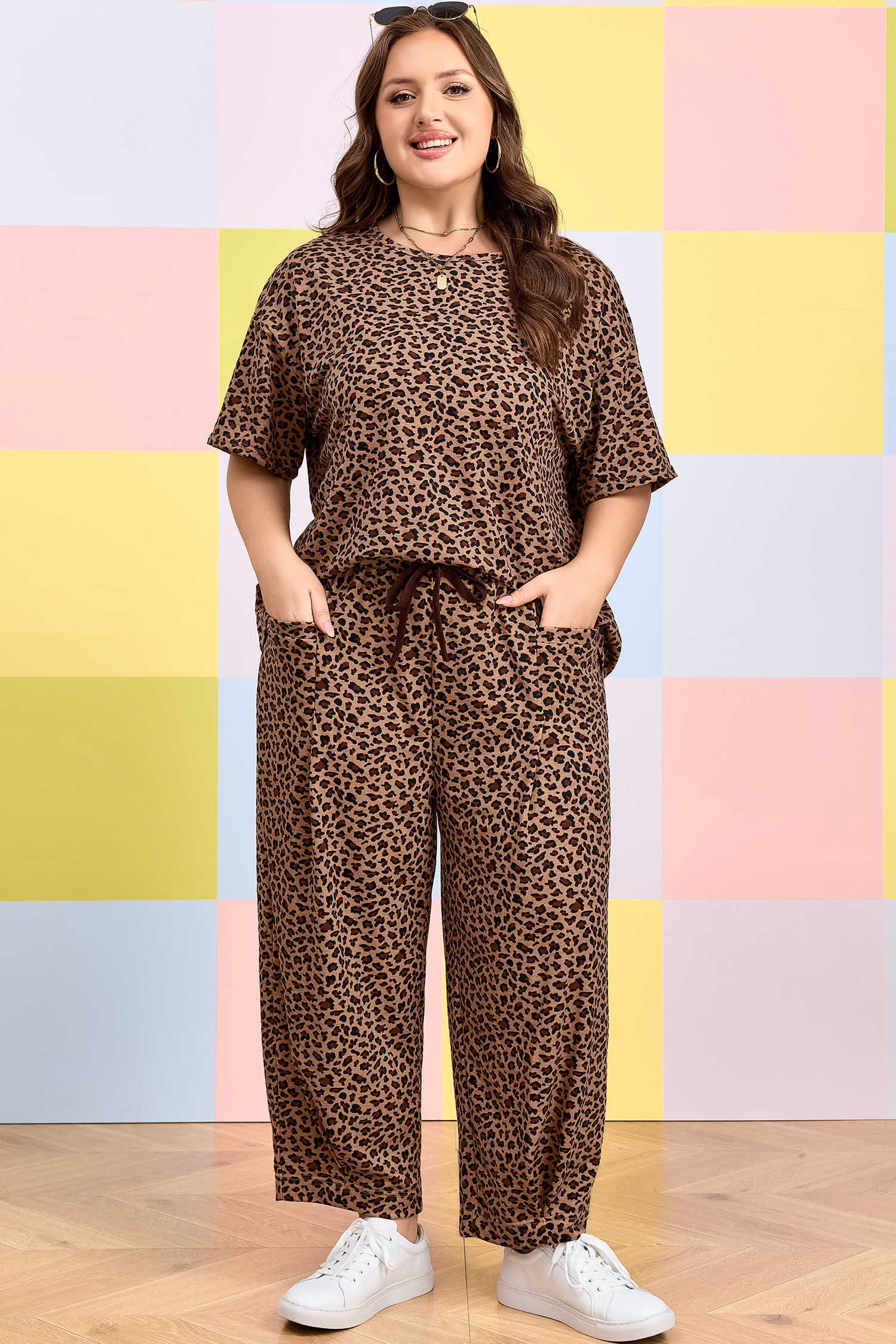 Plus Size Brown  Leopard Loose Top Pleated Pants Set