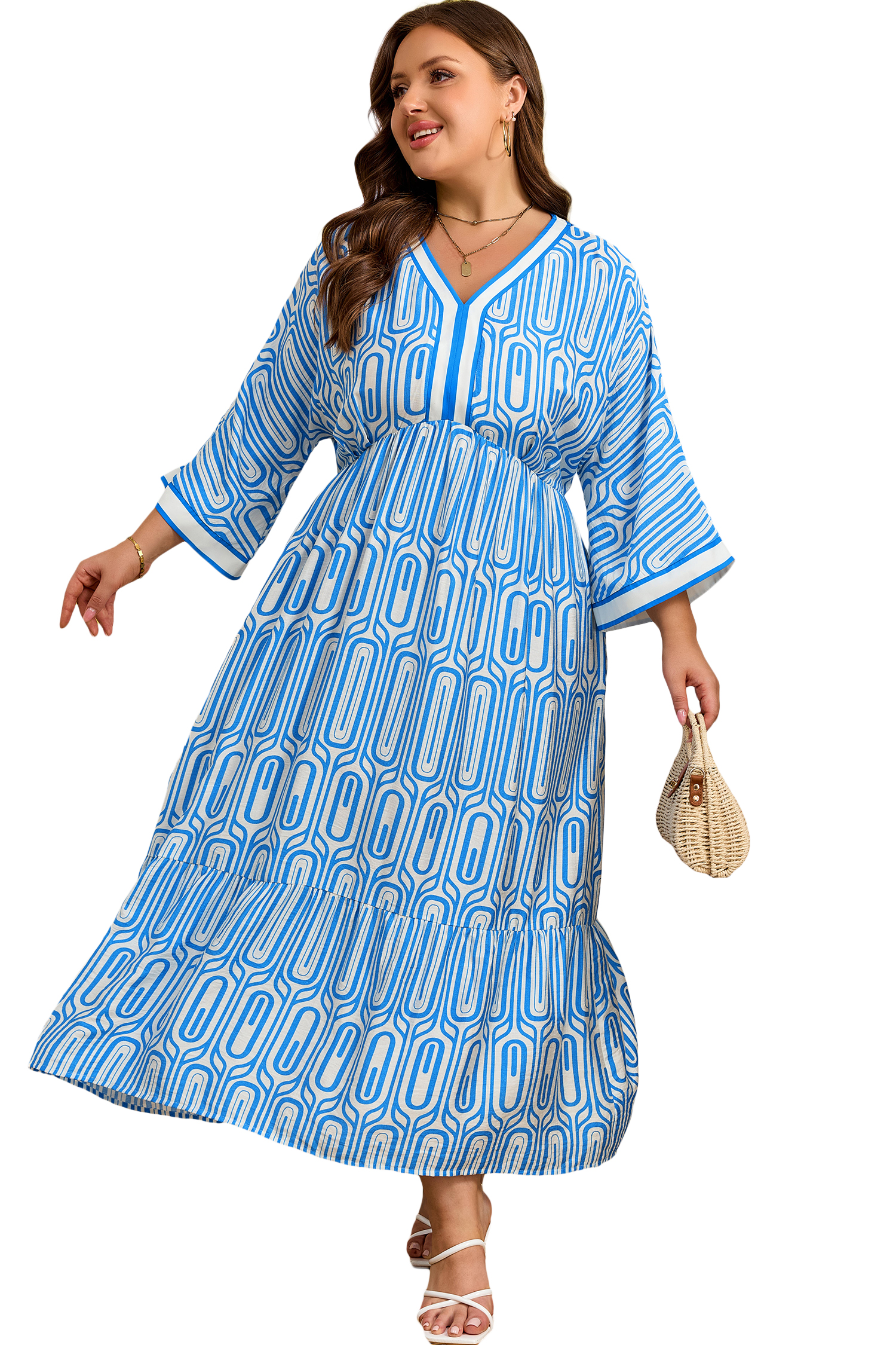 Plus Size Sky Blue  Geometric Print Contrast Trim V Neck Bracelet Sleeve Long Dress