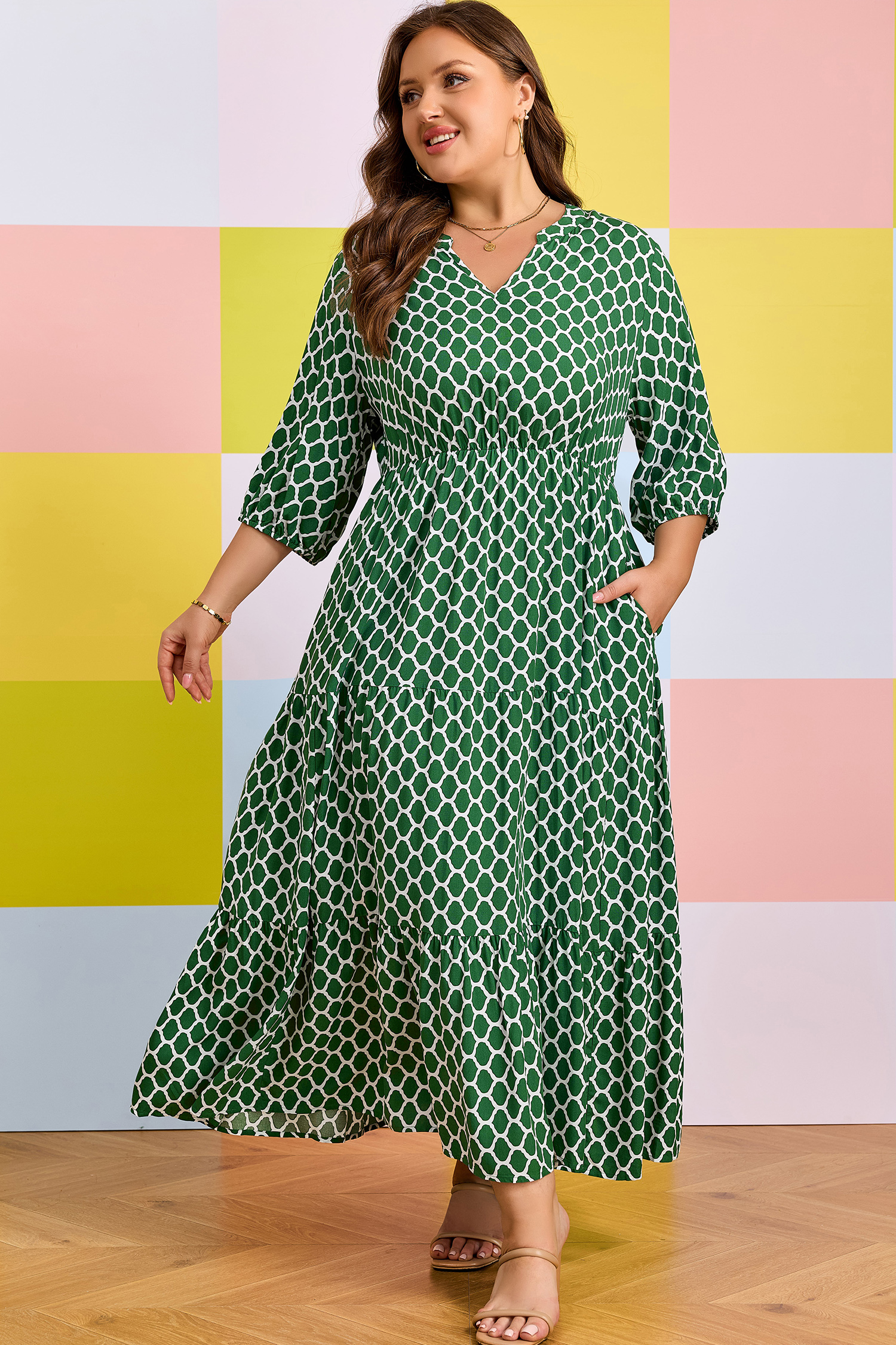 Plus Size Green  Geometric Print Pocketed Ruffle Hem Casual Dress