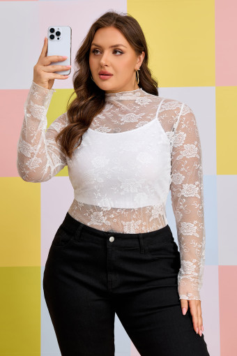 Plus Size White  Floral Mesh Long Sleeve Top