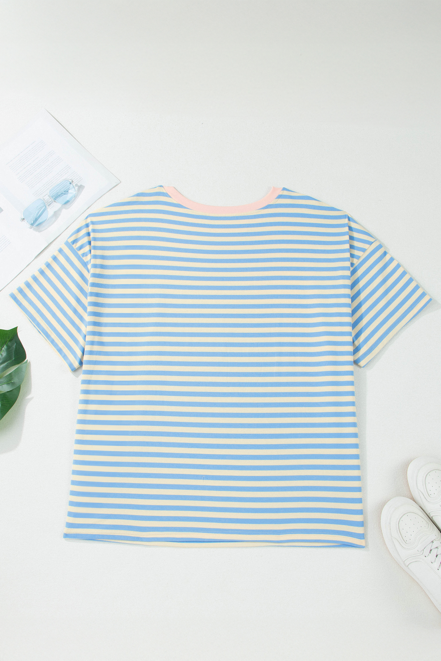 Plus Size Sky Blue Stripe  Drop Shoulder Contrast Trim Round Neck Tee