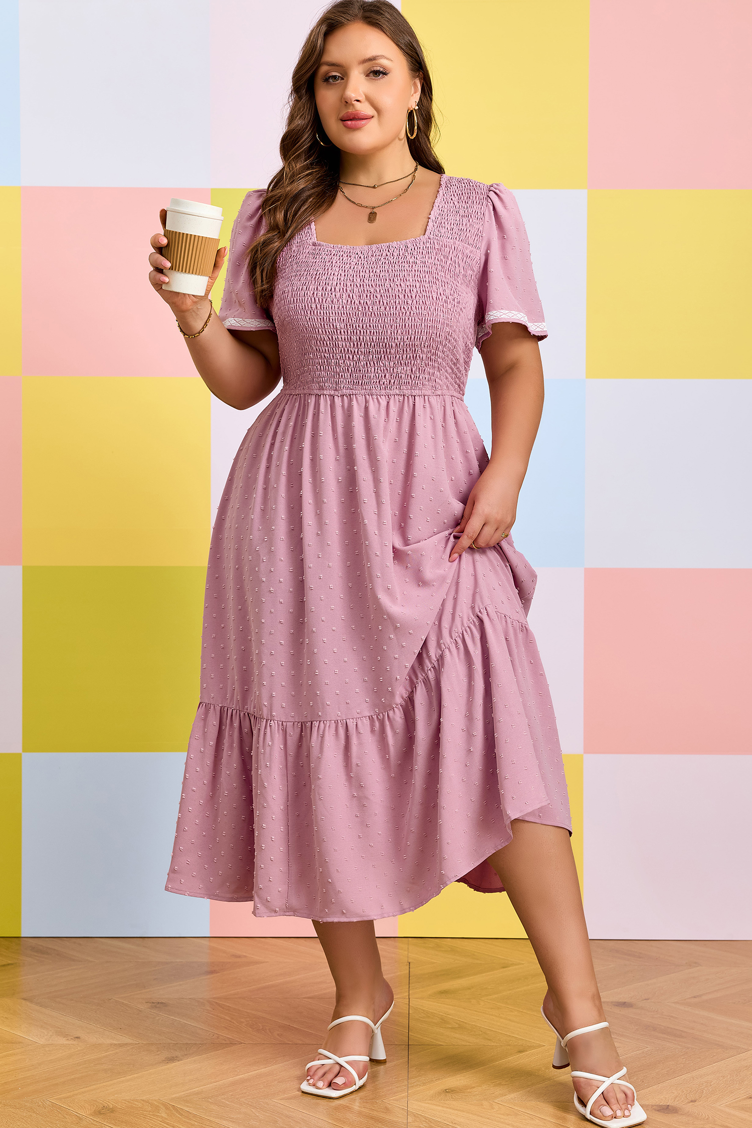Plus Size Pink  Swiss Dot Short Sleeve Smocked High Waist Flowy Midi Dress