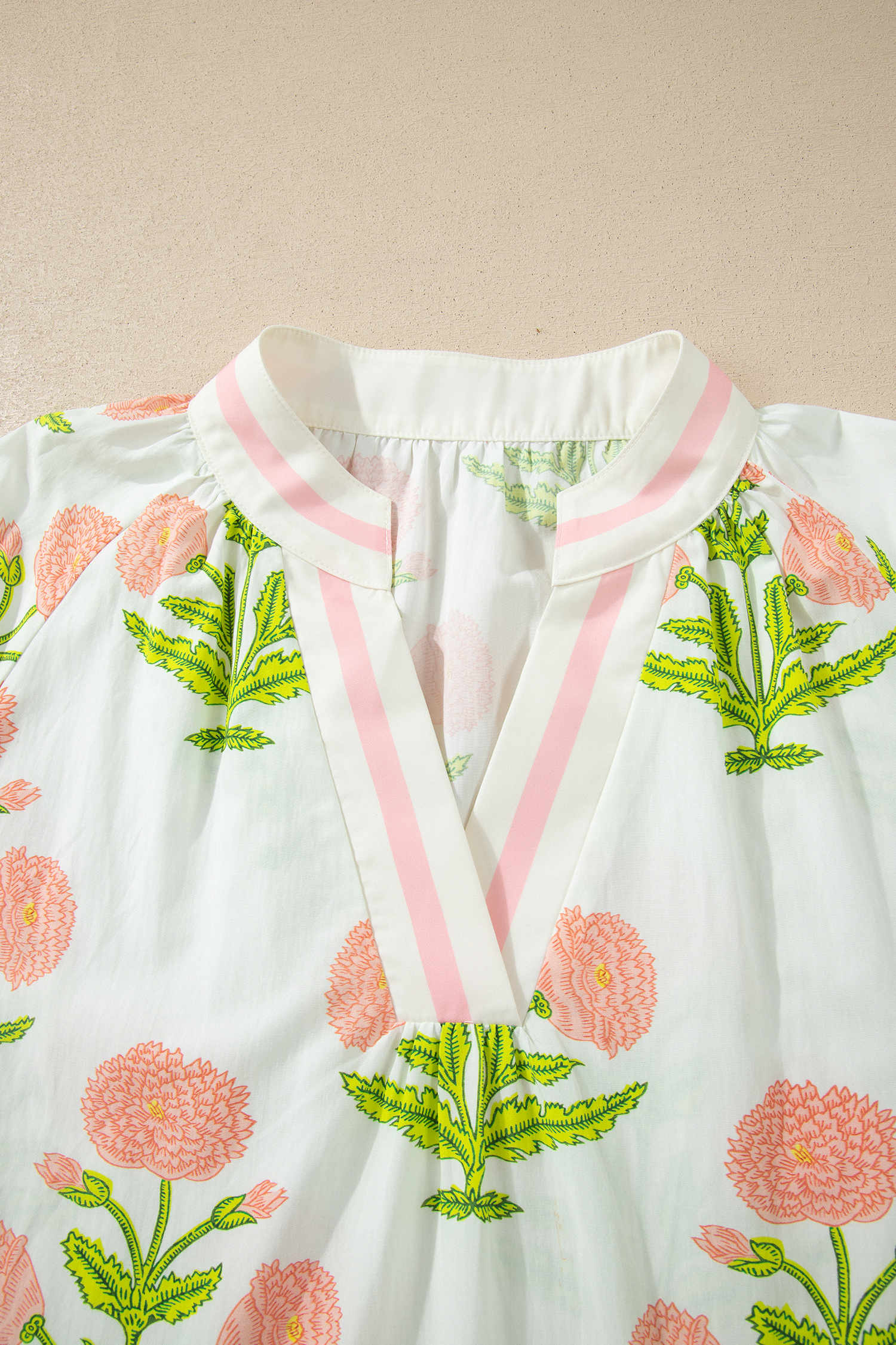 Plus Size Pink  Floral Print Striped Trim V Neck Blouse