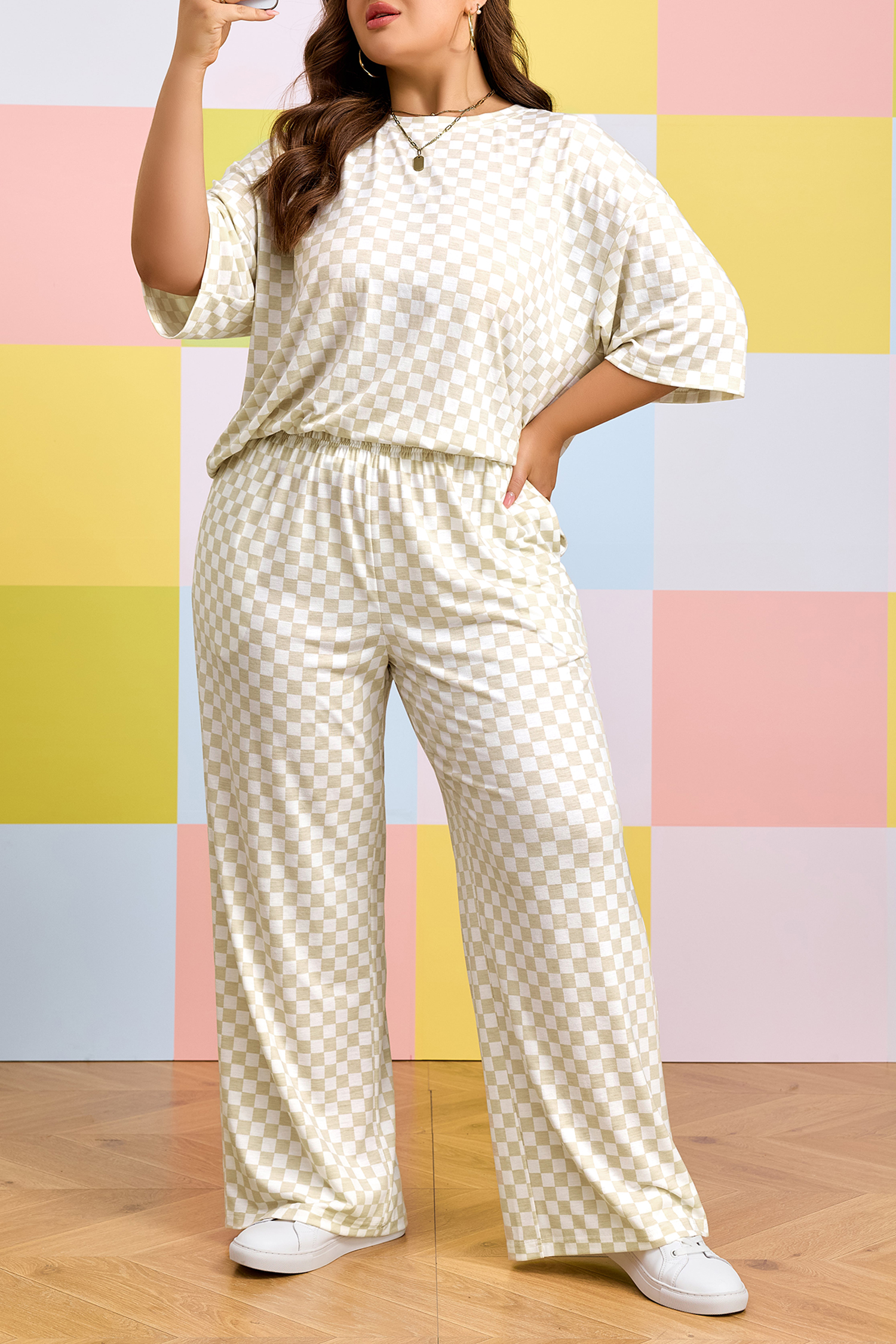 Plus Size Khaki  Checkered Print Half Sleeve Tee Loose Pants Two-piece Lounge Set