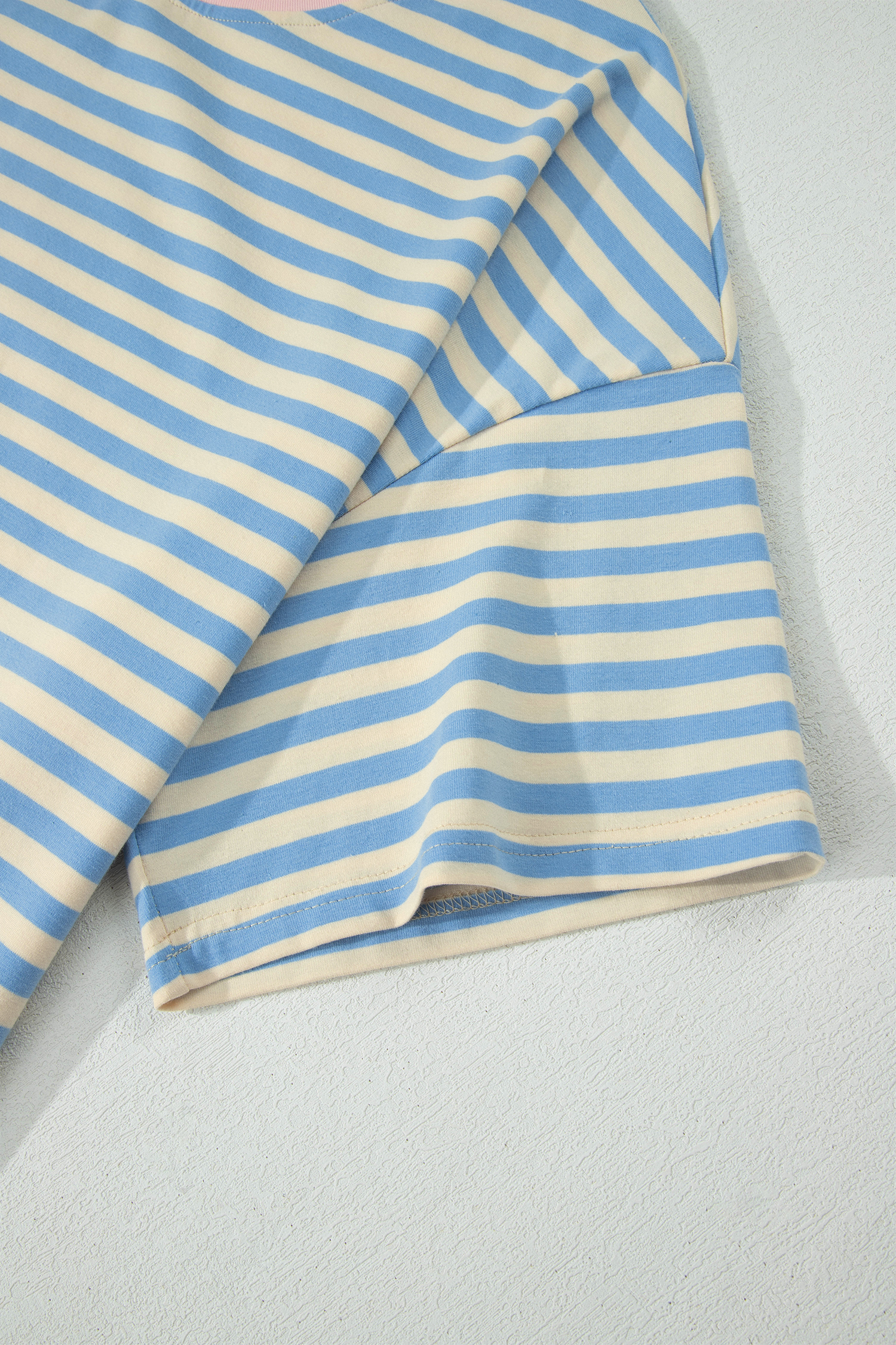 Plus Size Sky Blue Stripe  Drop Shoulder Contrast Trim Round Neck Tee