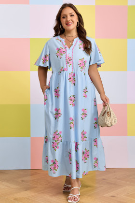 Plus Size Sky Blue  Floral Print Scalloped Trim V-Neck Dress