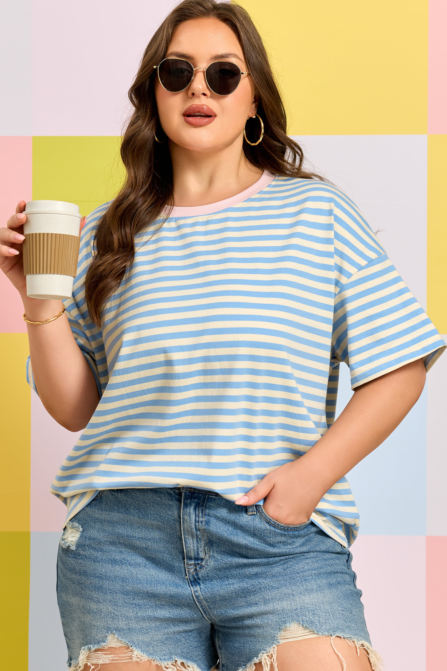 Plus Size Sky Blue Stripe  Drop Shoulder Contrast Trim Round Neck Tee