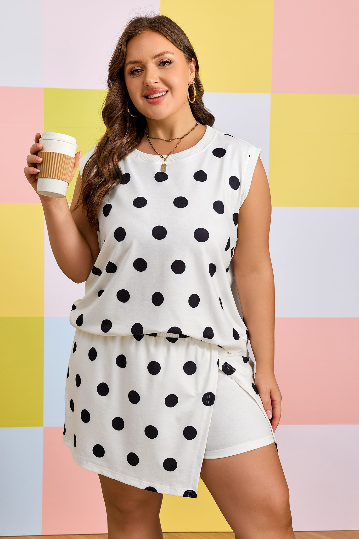 Plus Size White  Polka Dot Printed Tank Split Skort 2pcs Outfit