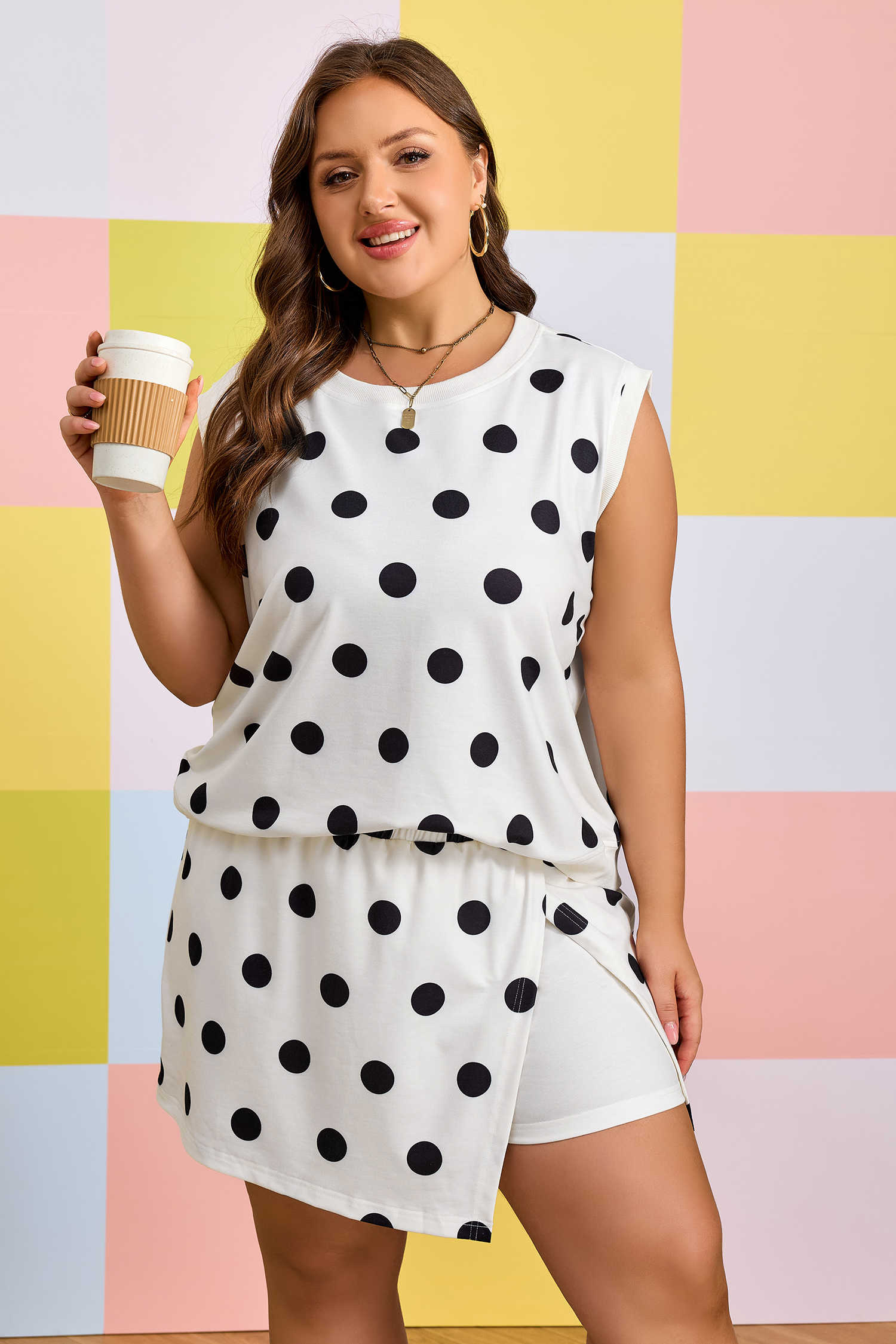 Plus Size White  Polka Dot Printed Tank Split Skort 2pcs Outfit