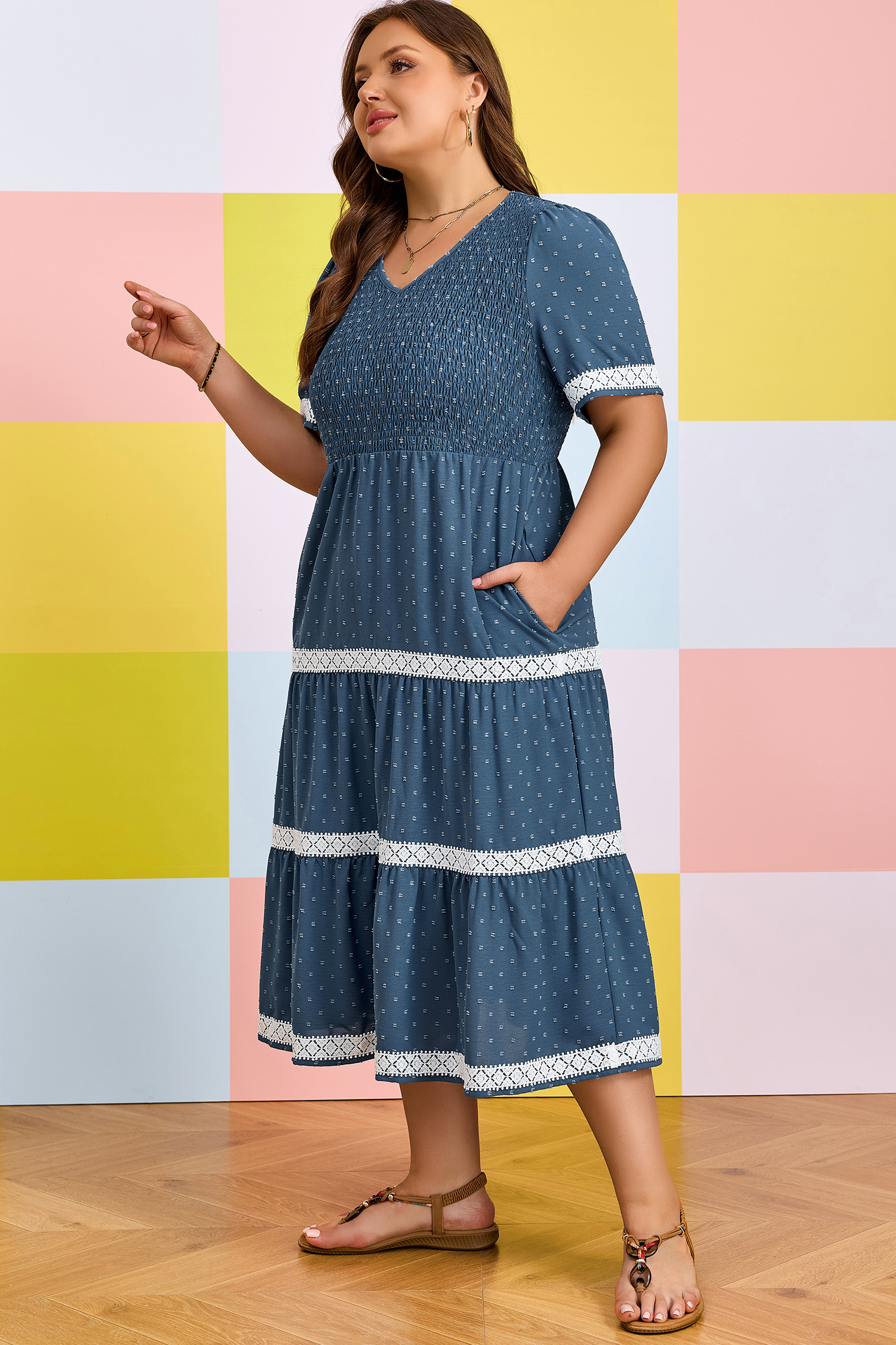 Plus Size Dusk Blue  V Neck Swiss Dot Lace Patchwork Detail Flared Midi Dress