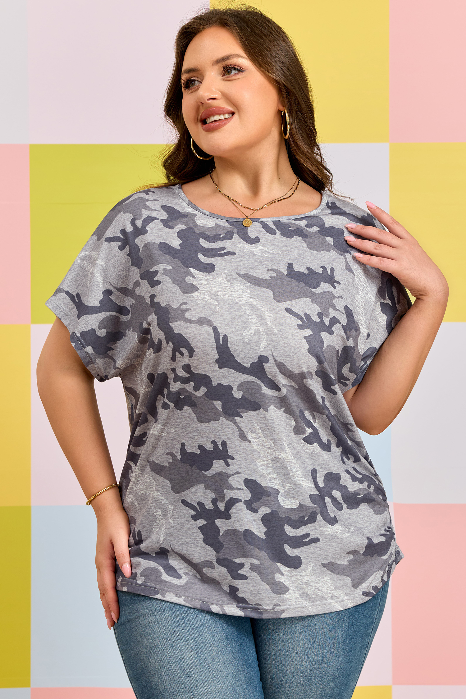 Plus Size Gray  Camo Print Casual T Shirt
