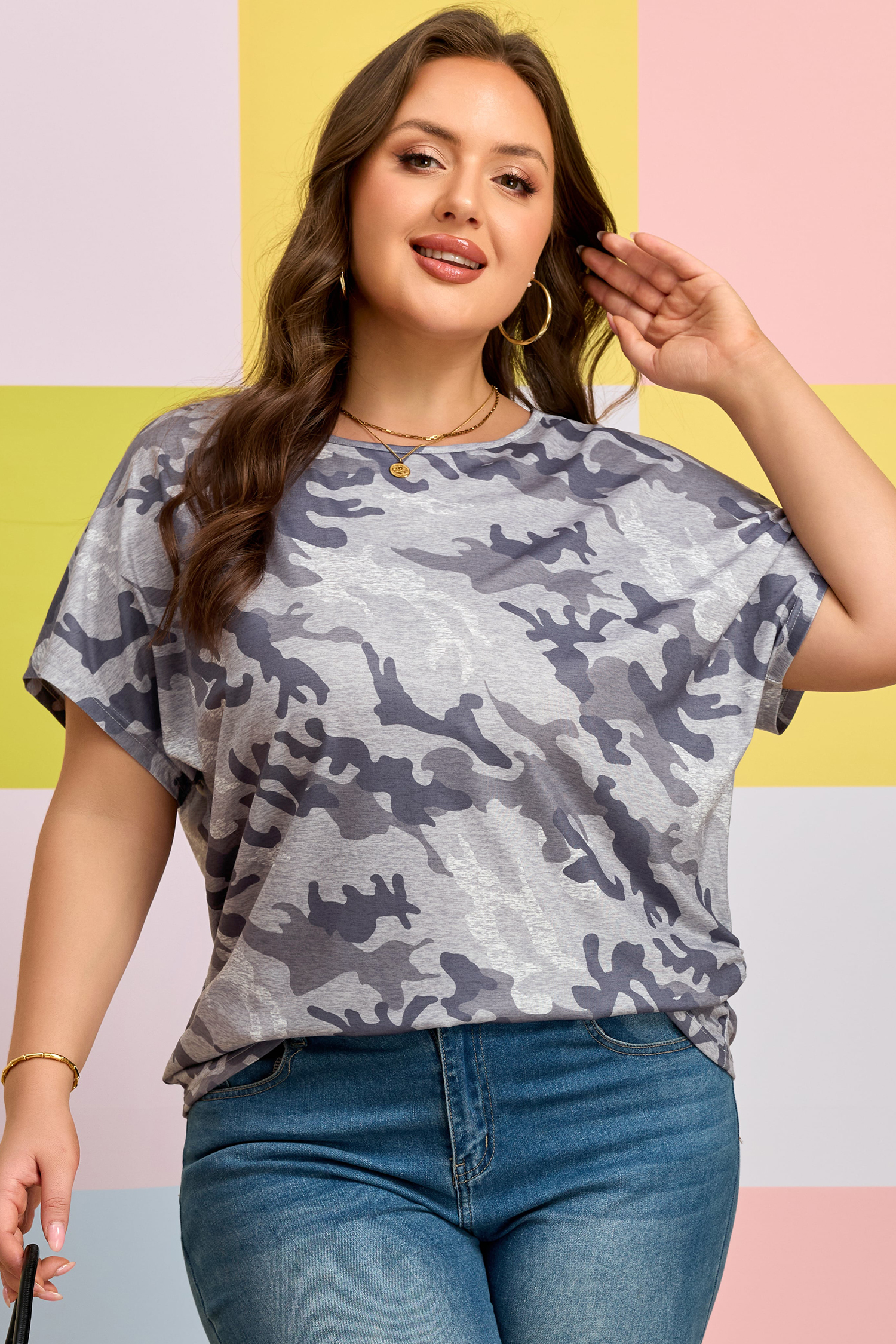Plus Size Gray  Camo Print Casual T Shirt