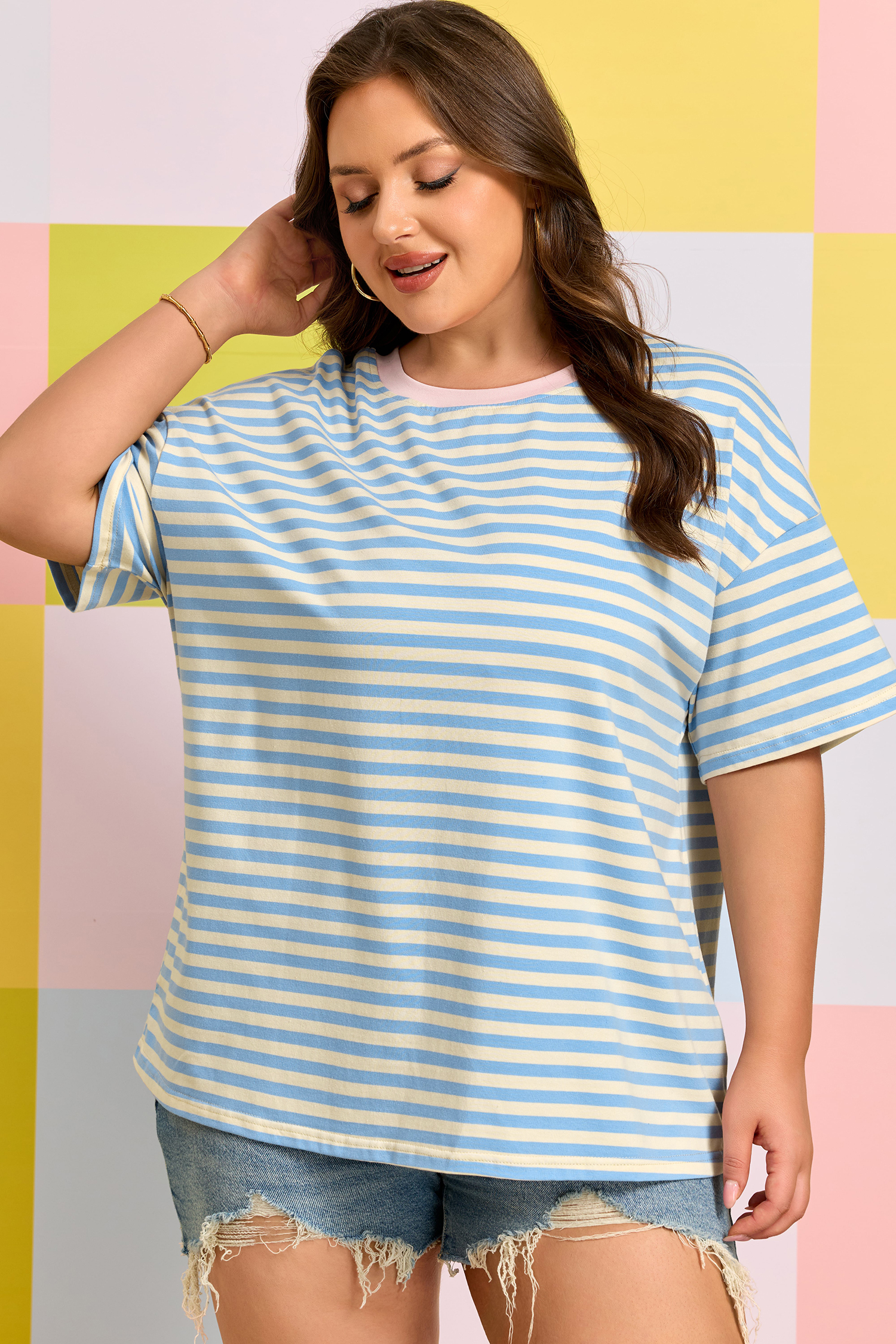 Plus Size Sky Blue Stripe  Drop Shoulder Contrast Trim Round Neck Tee