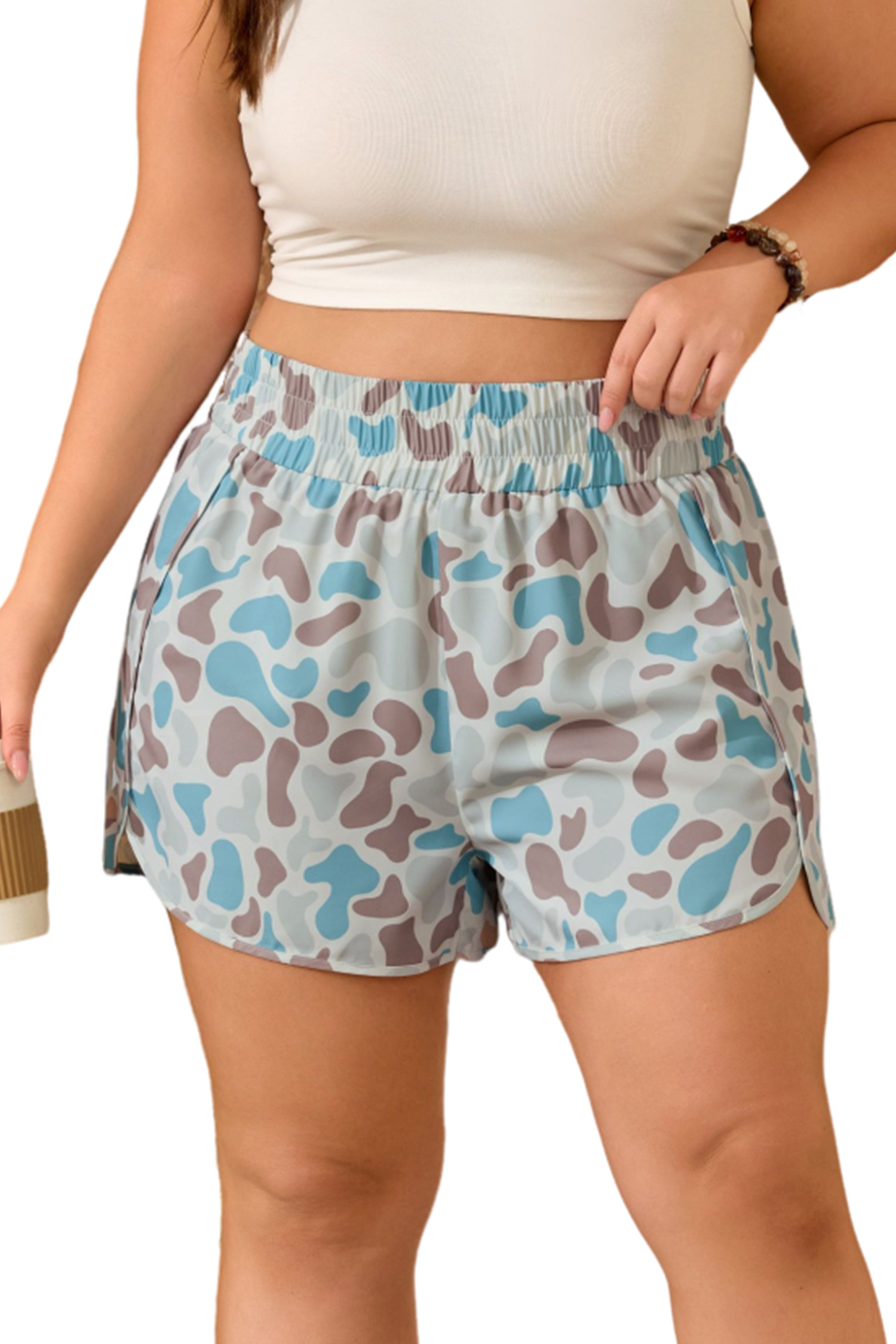 Plus Size Multicolour  Camouflage Elastic Waist Athleisure Shorts