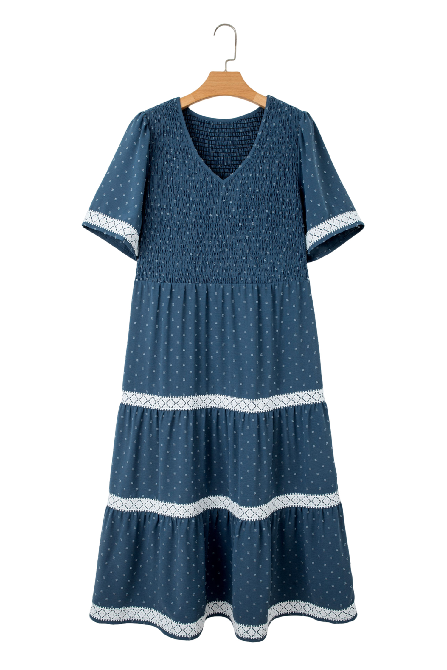Plus Size Dusk Blue  V Neck Swiss Dot Lace Patchwork Detail Flared Midi Dress
