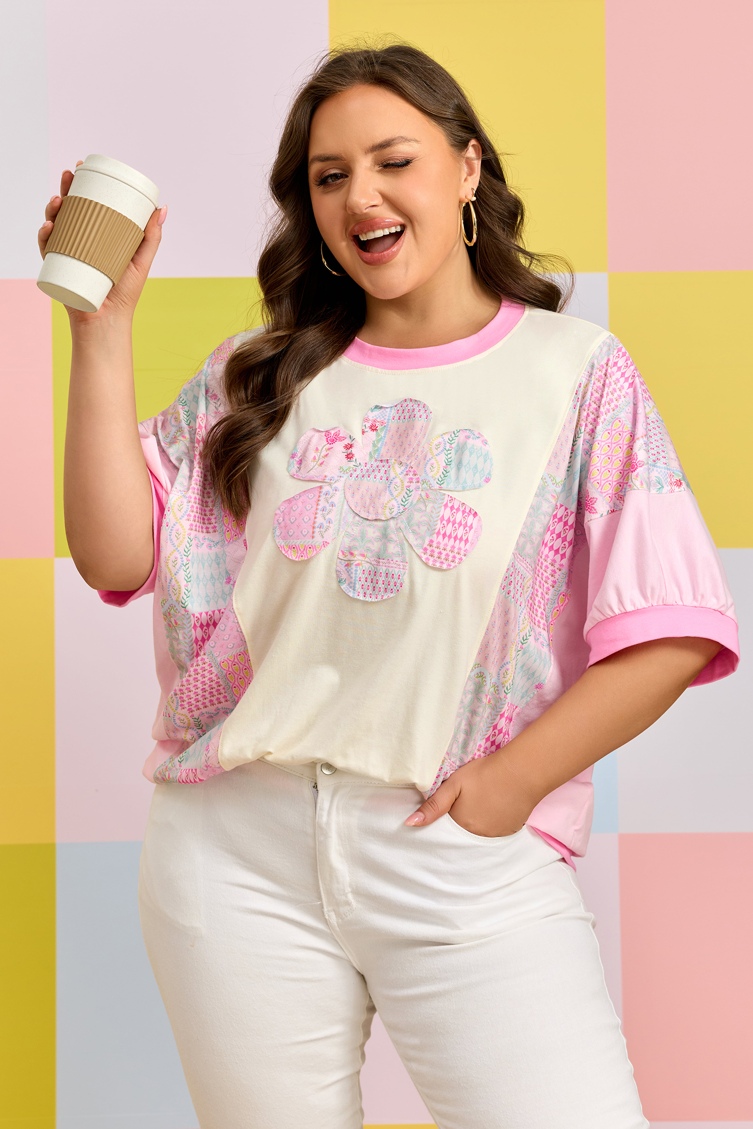 Plus Size Beige  Floral Patchwork Short Sleeve Patch Embroidery Cotton T Shirt