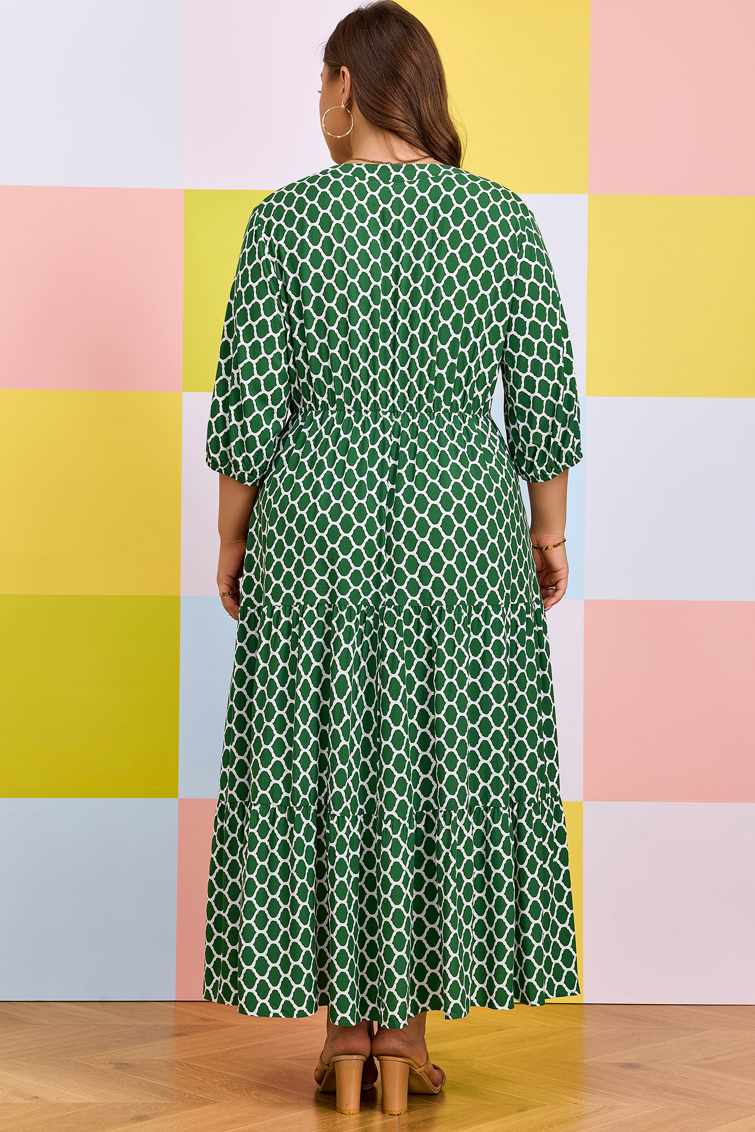 Plus Size Green  Geometric Print Pocketed Ruffle Hem Casual Dress