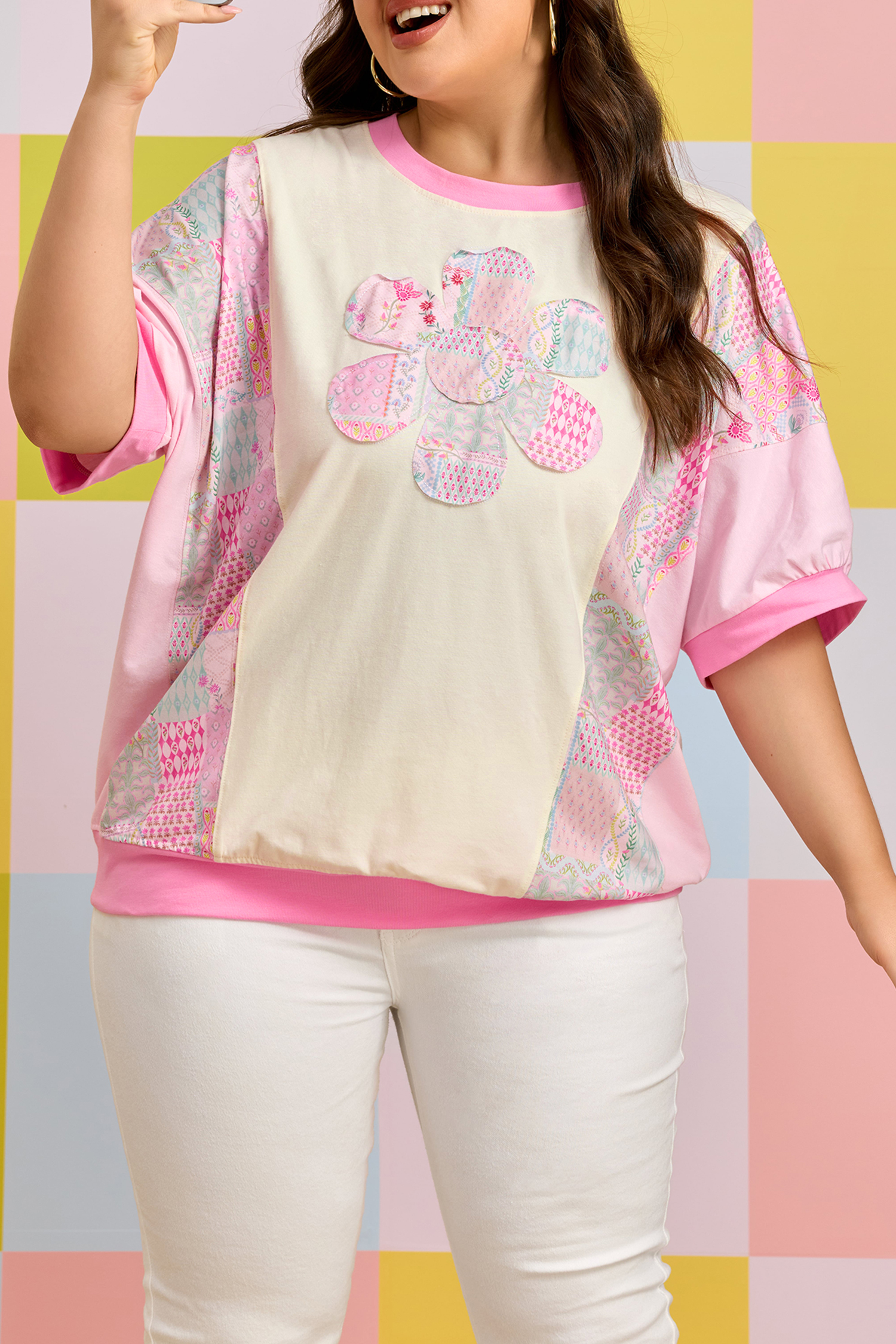 Plus Size Beige  Floral Patchwork Short Sleeve Patch Embroidery Cotton T Shirt
