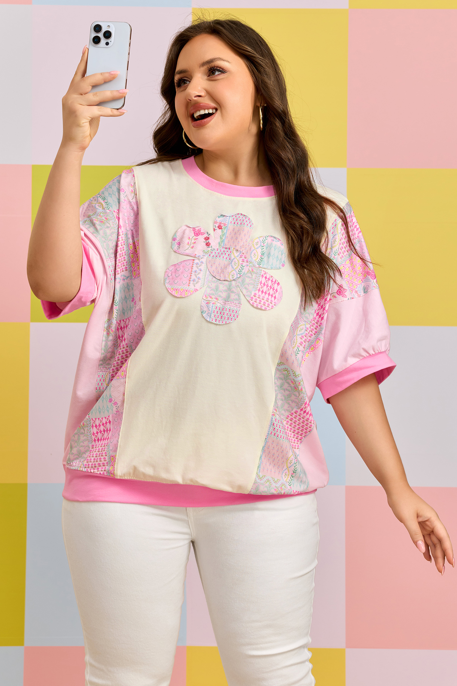 Plus Size Beige  Floral Patchwork Short Sleeve Patch Embroidery Cotton T Shirt