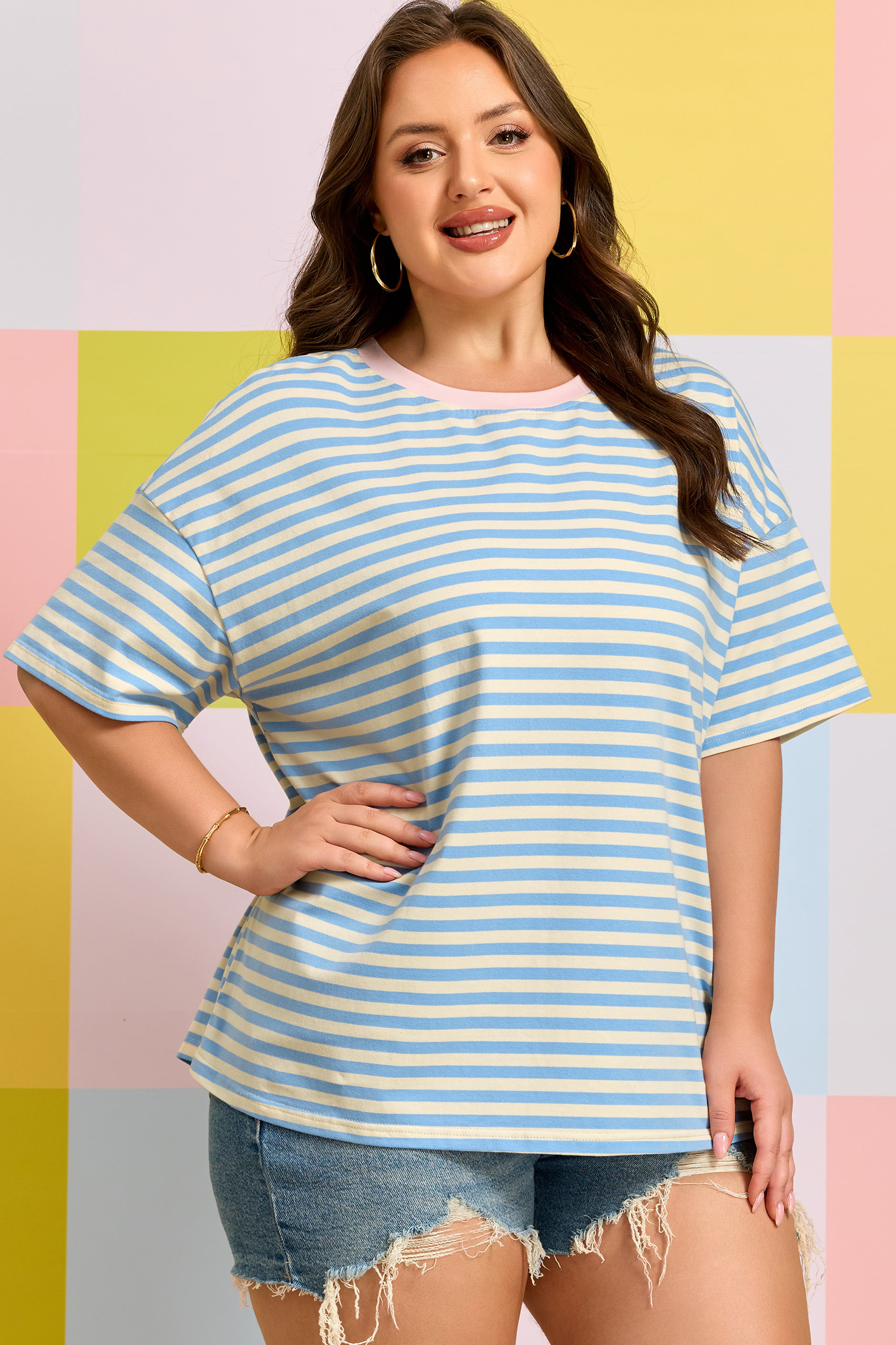 Plus Size Sky Blue Stripe  Drop Shoulder Contrast Trim Round Neck Tee