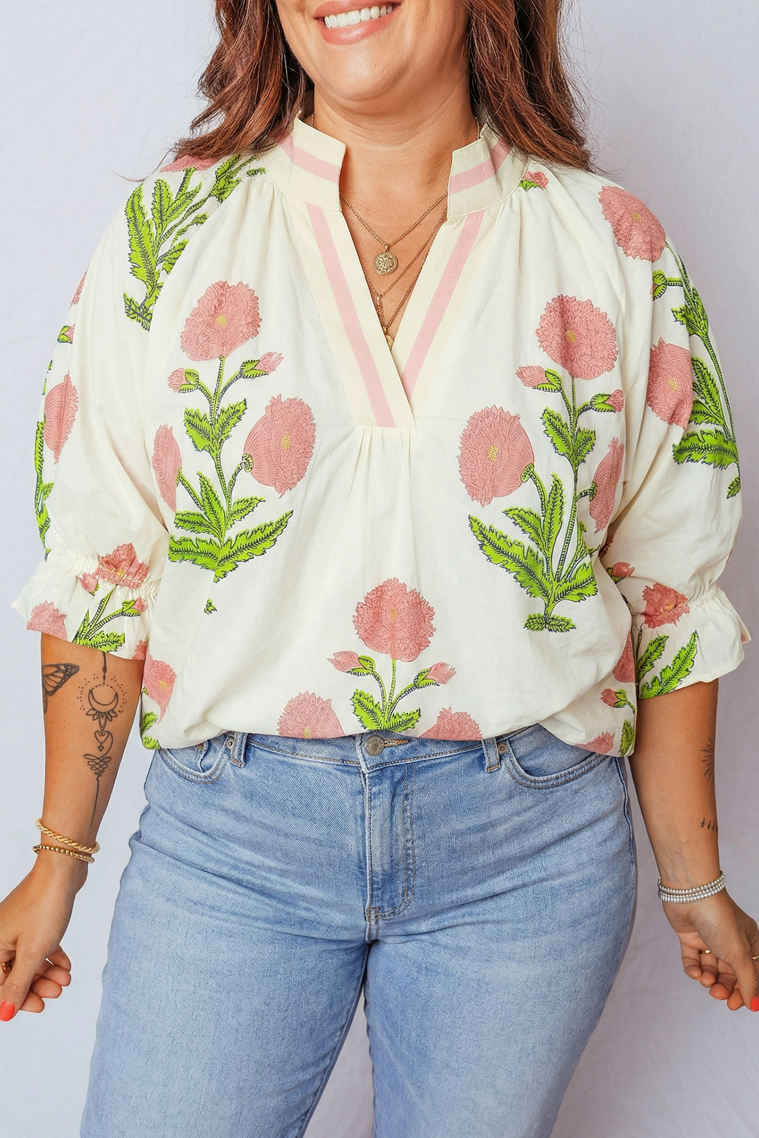 Plus Size Pink  Floral Print Striped Trim V Neck Blouse