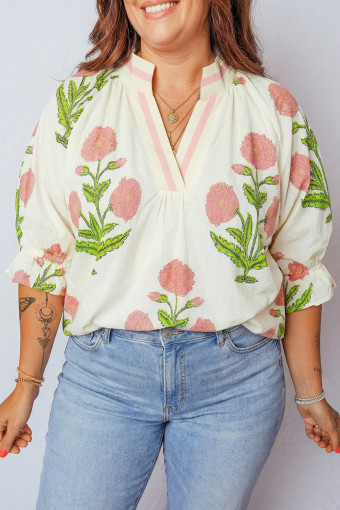 Plus Size Pink  Floral Print Striped Trim V Neck Blouse