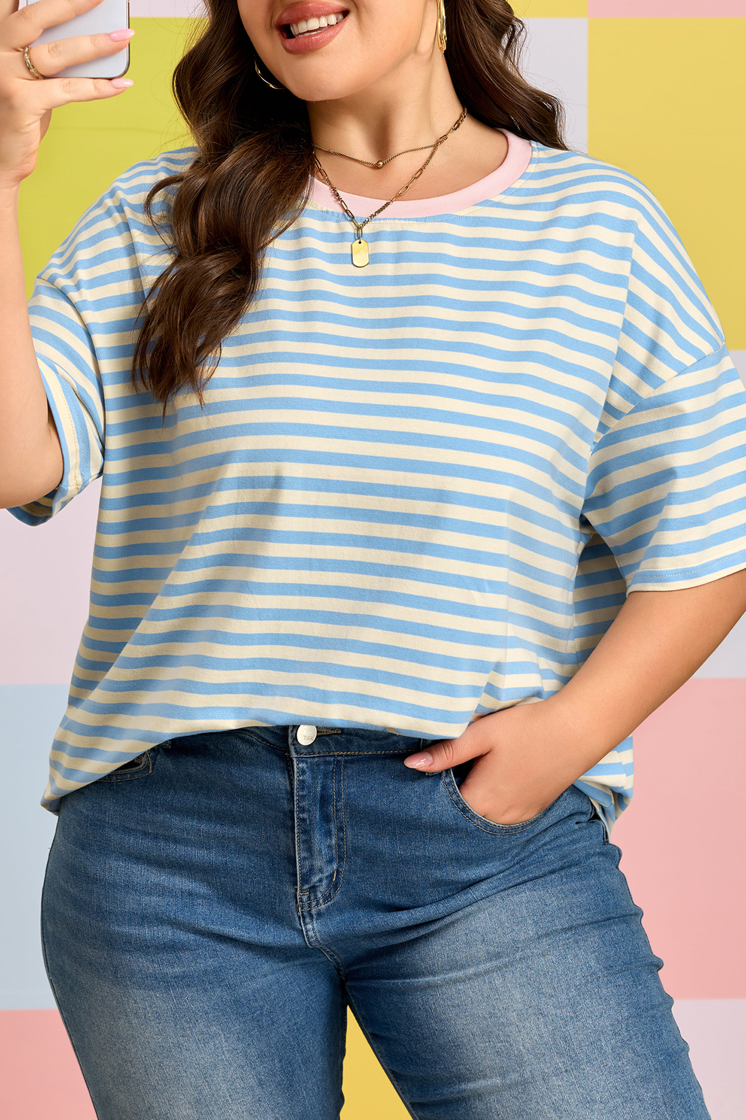 Plus Size Sky Blue Stripe  Drop Shoulder Contrast Trim Round Neck Tee