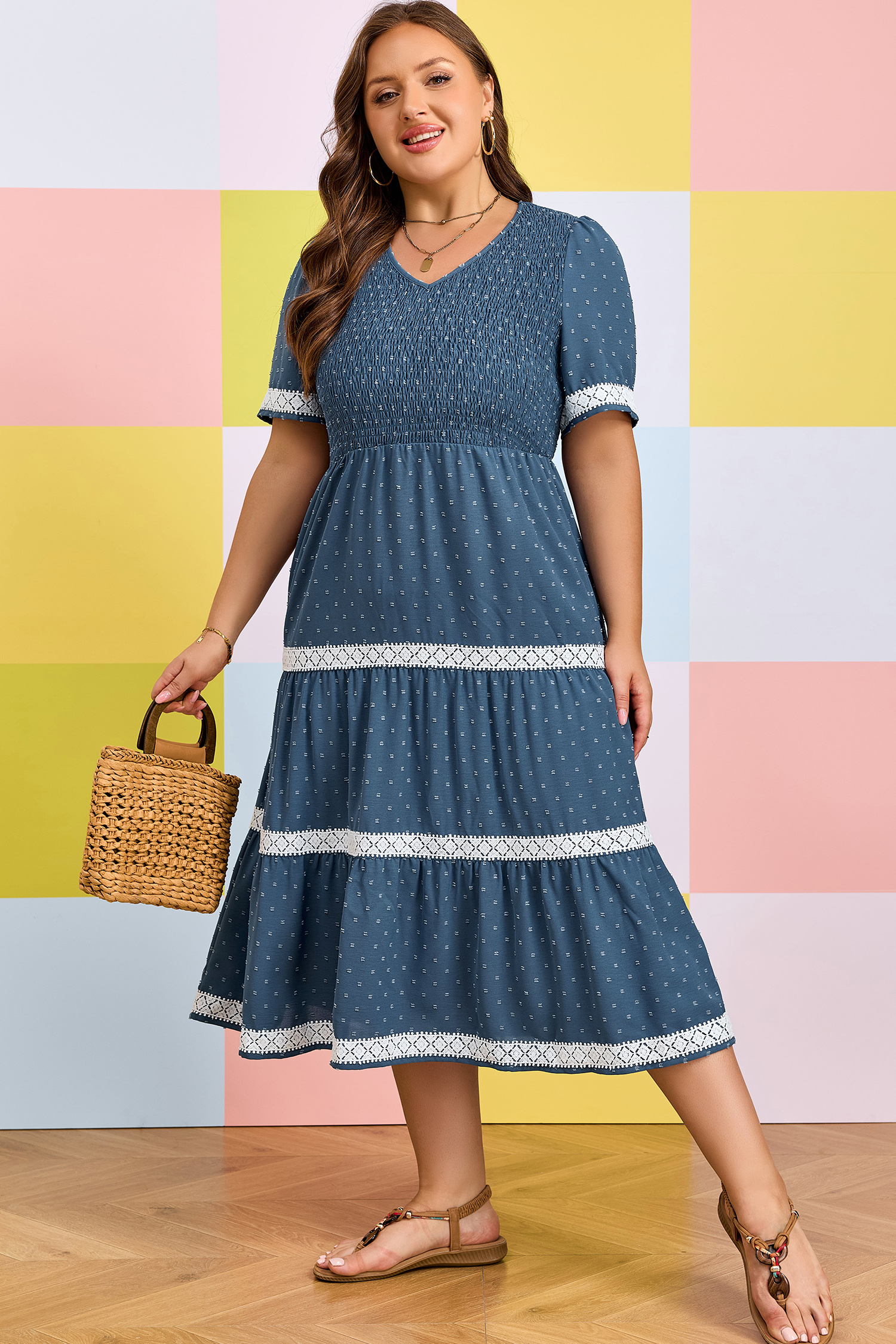Plus Size Dusk Blue  V Neck Swiss Dot Lace Patchwork Detail Flared Midi Dress