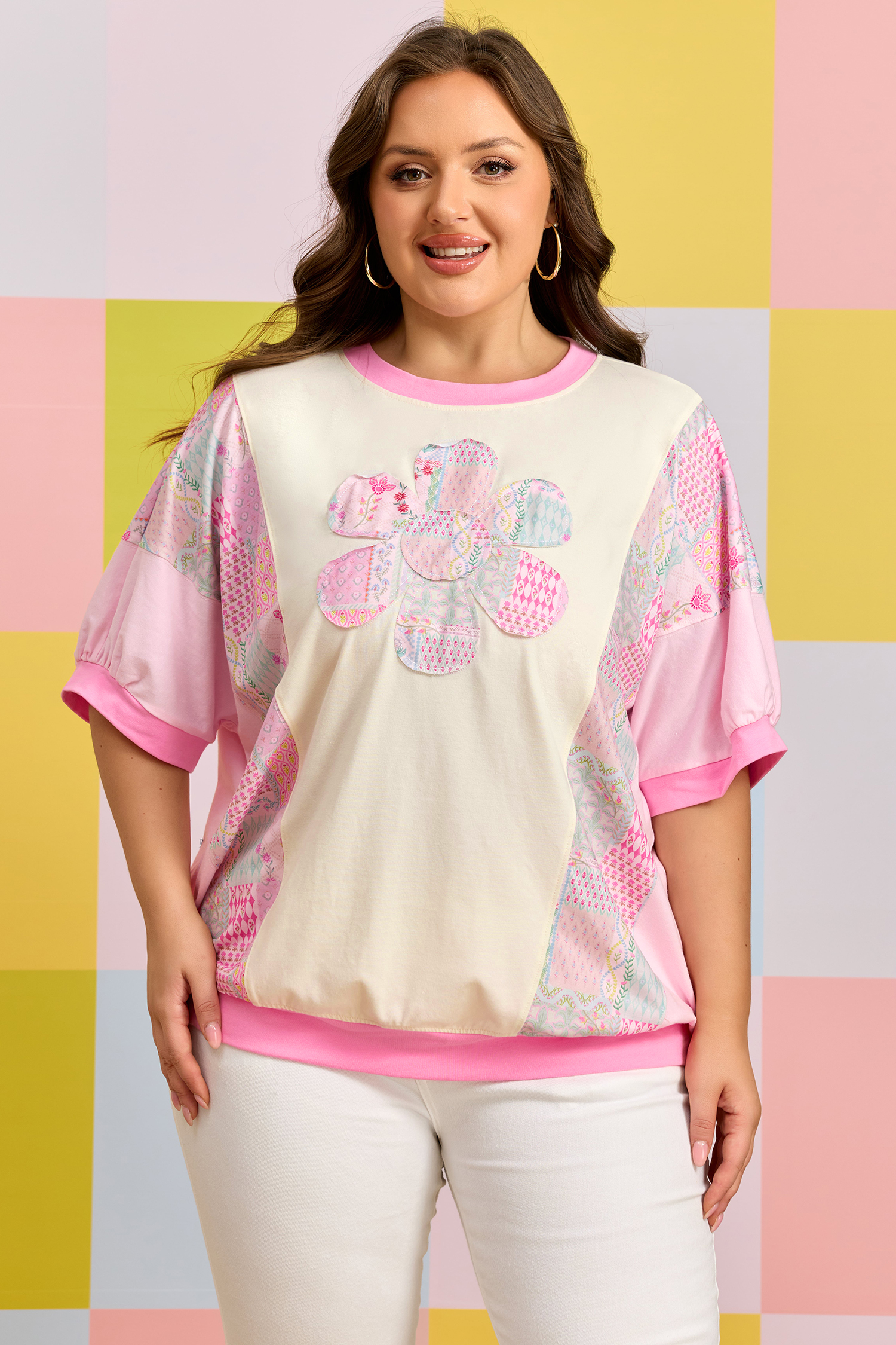 Plus Size Beige  Floral Patchwork Short Sleeve Patch Embroidery Cotton T Shirt