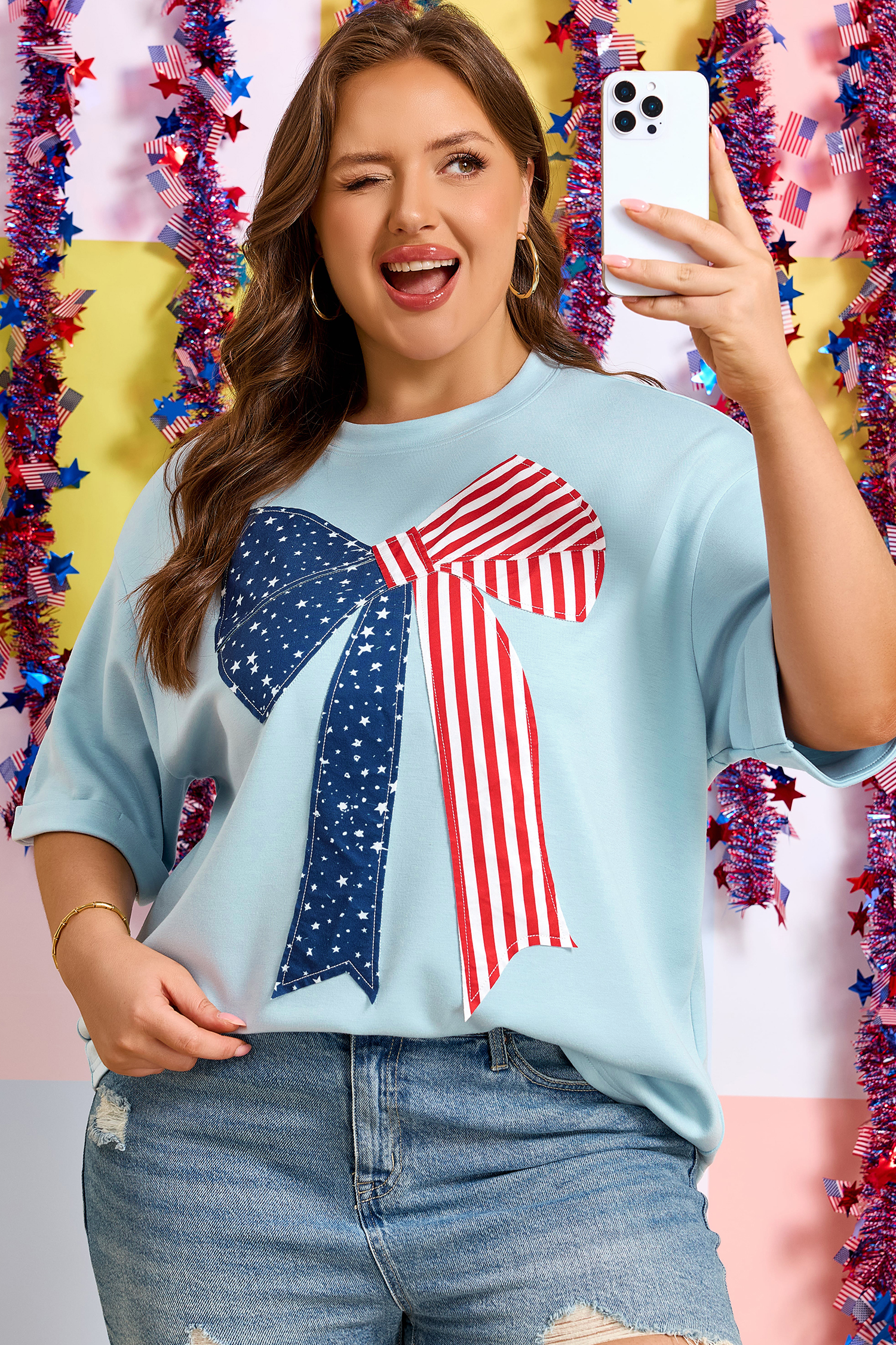 Plus Size Beau Blue  Patriotic Bow Patchwork Graphic T-Shirt