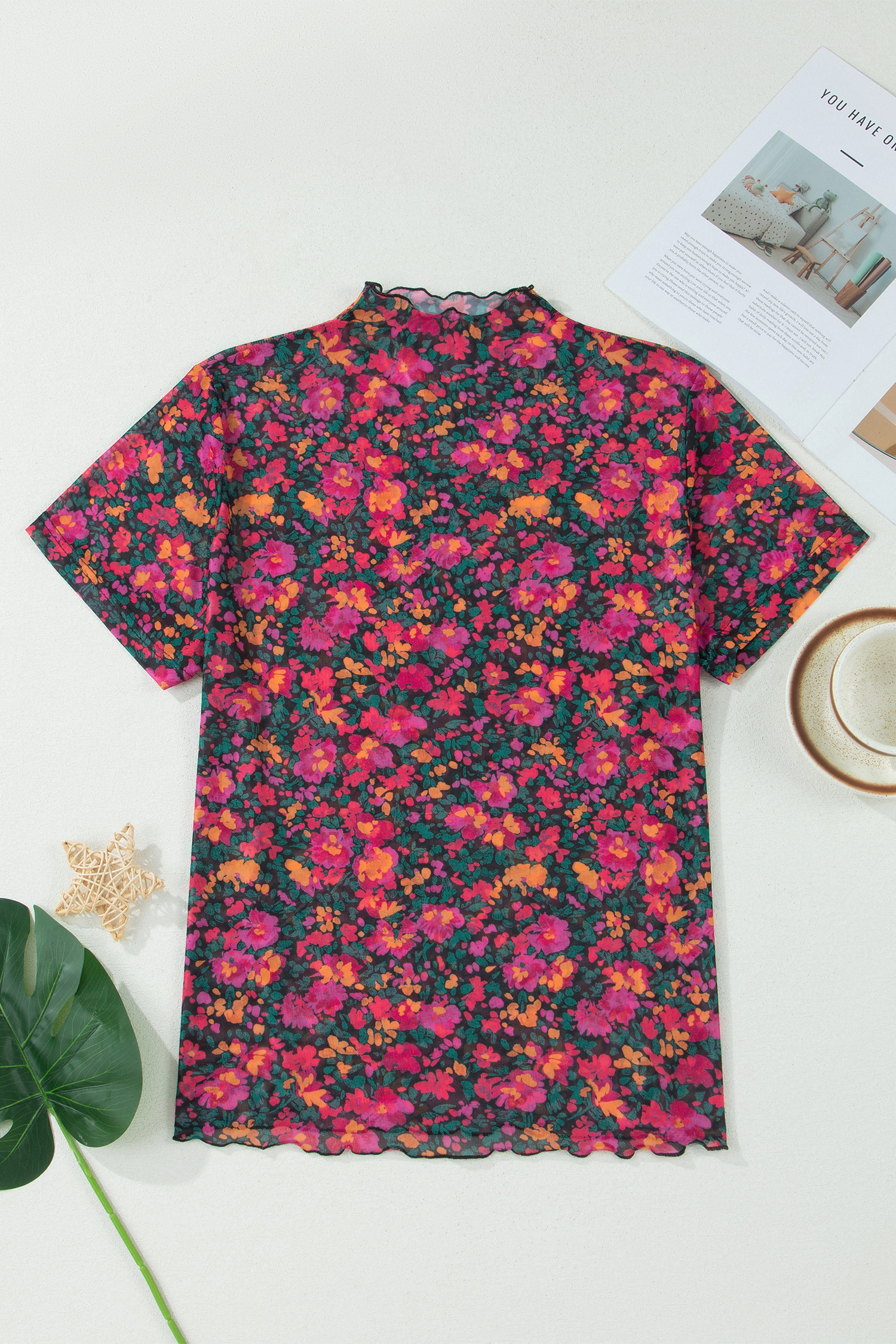 Plus Size Rose  Floral Mesh Short Sleeve Top