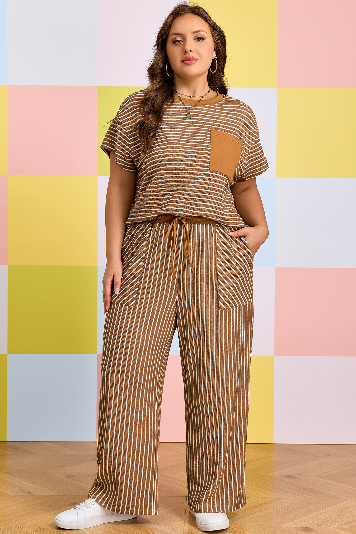 Plus Size Khaki Stripe  Striped Colorblock Pocket Lounge Set