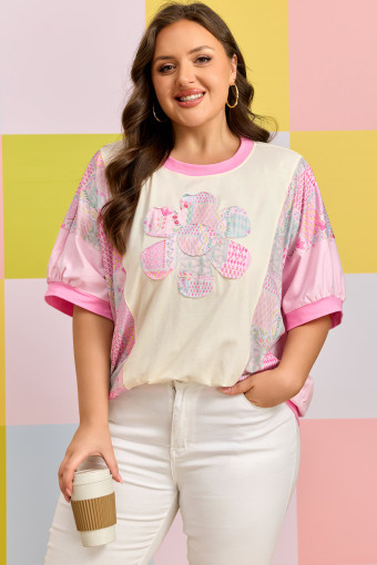 Plus Size Beige  Floral Patchwork Short Sleeve Patch Embroidery Cotton T Shirt