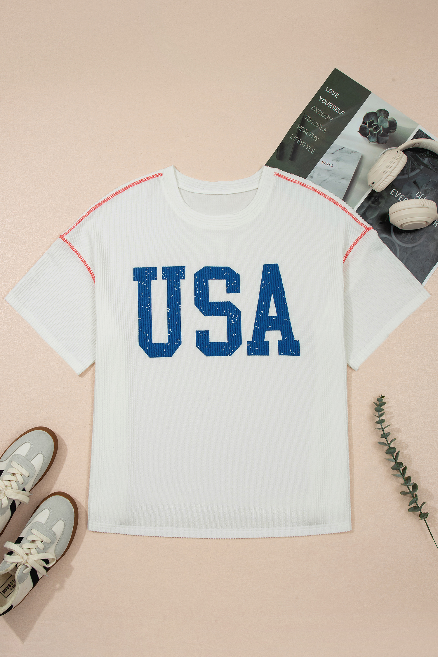 Plus Size White  Twisted Rib Vintage USA Letter Printed T Shirt