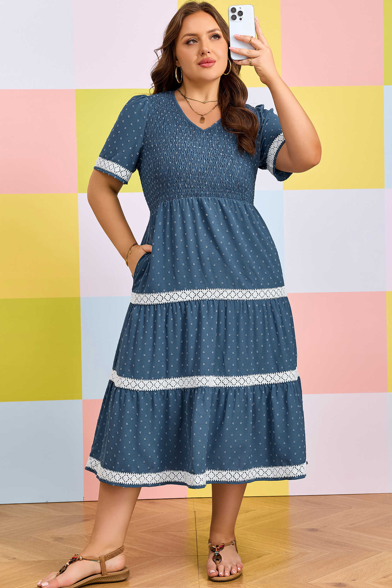 Plus Size Dusk Blue  V Neck Swiss Dot Lace Patchwork Detail Flared Midi Dress