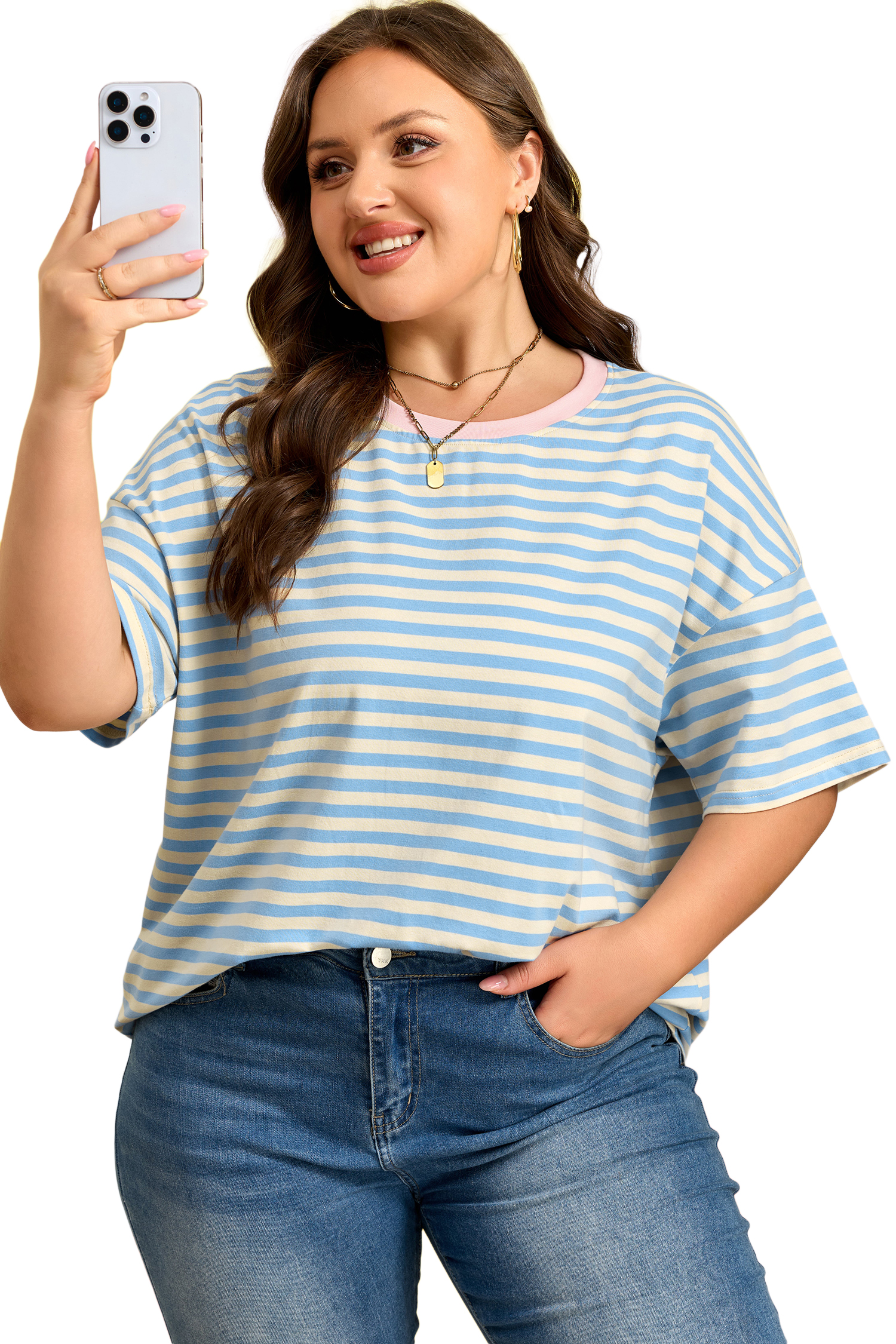 Plus Size Sky Blue Stripe  Drop Shoulder Contrast Trim Round Neck Tee