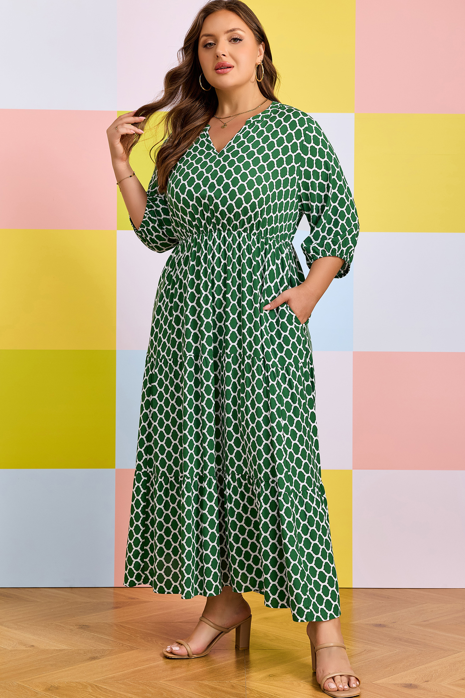 Plus Size Green  Geometric Print Pocketed Ruffle Hem Casual Dress