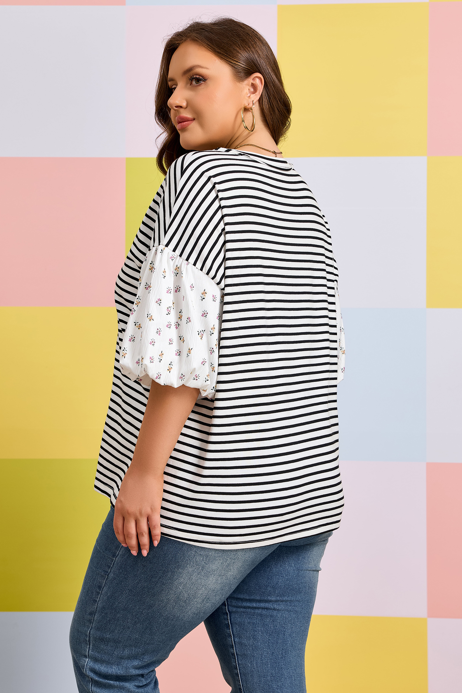 Plus Size Black Stripe  Striped Short Sleeve Top with Floral Puff Sleeves