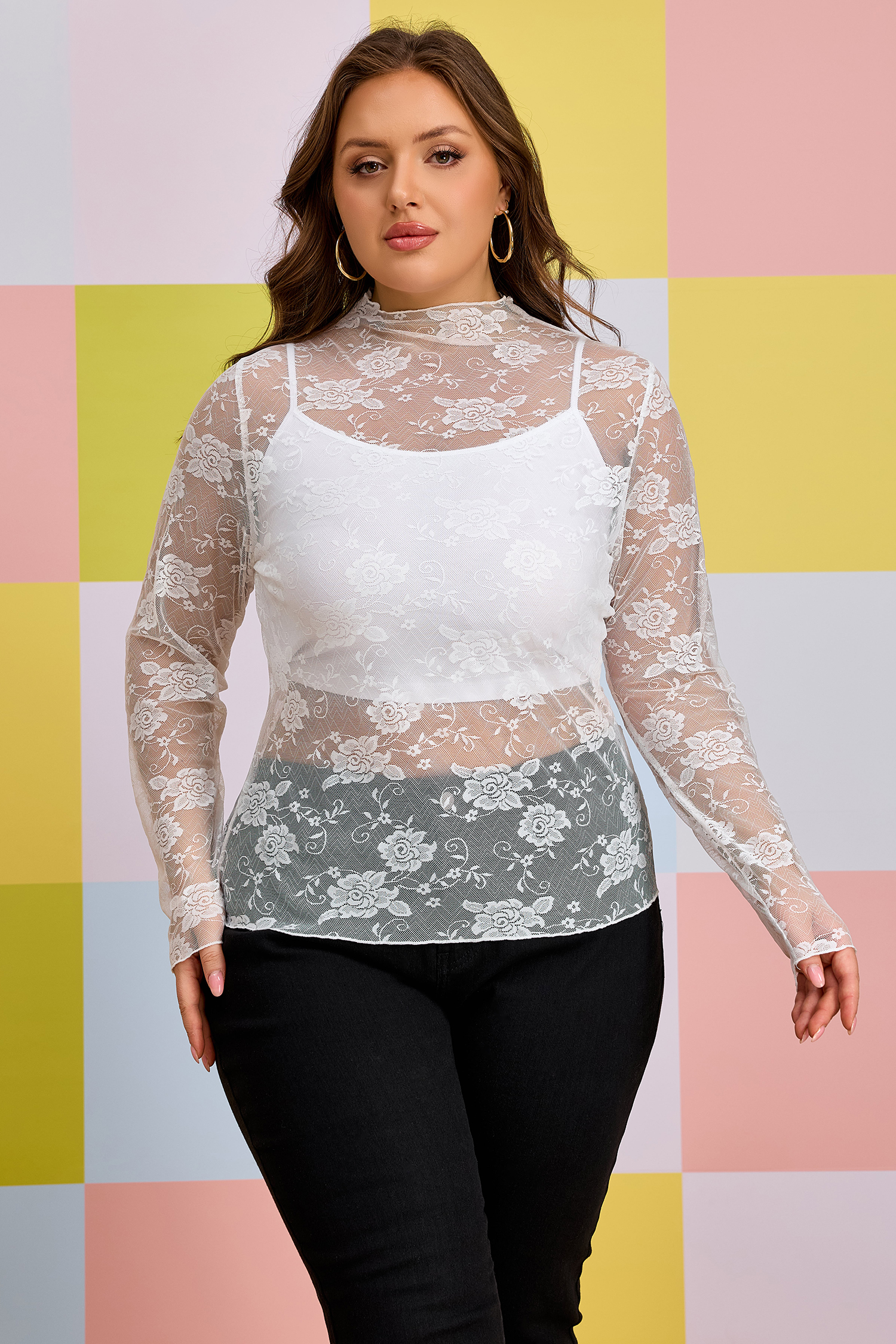 Plus Size White  Floral Mesh Long Sleeve Top