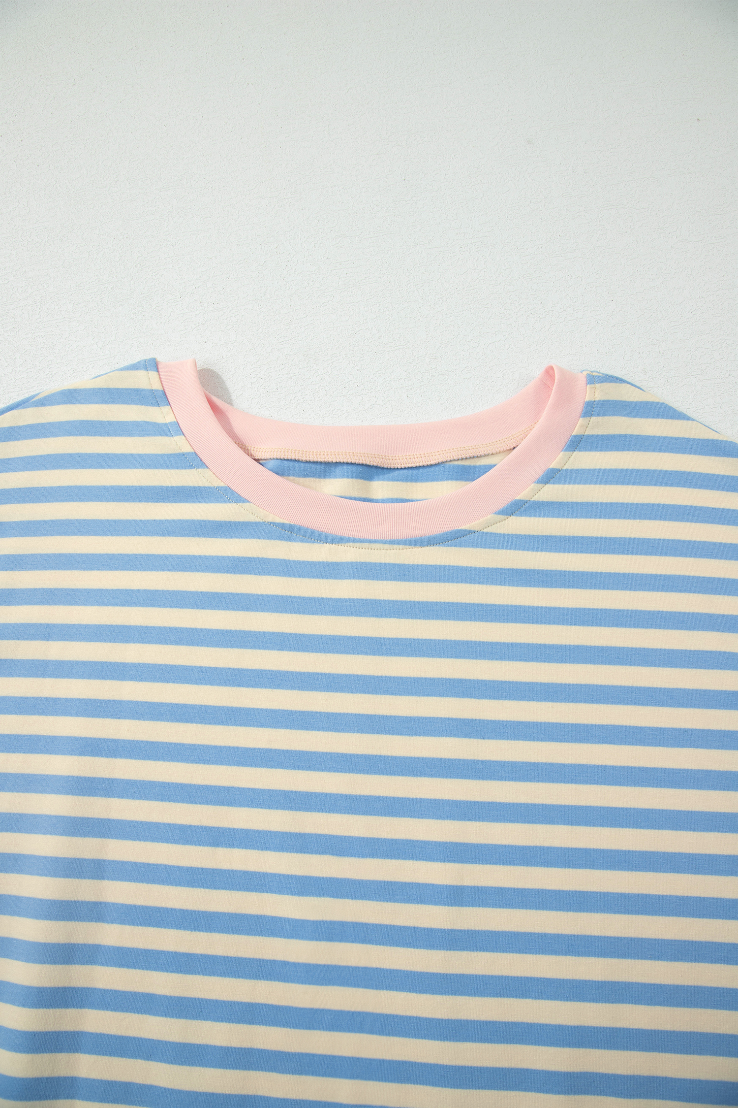 Plus Size Sky Blue Stripe  Drop Shoulder Contrast Trim Round Neck Tee