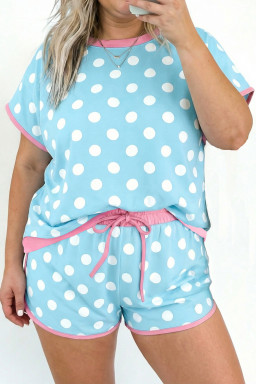Plus Size Sky Blue Polka Dot Print Color Block Trim  2pcs Short Set
