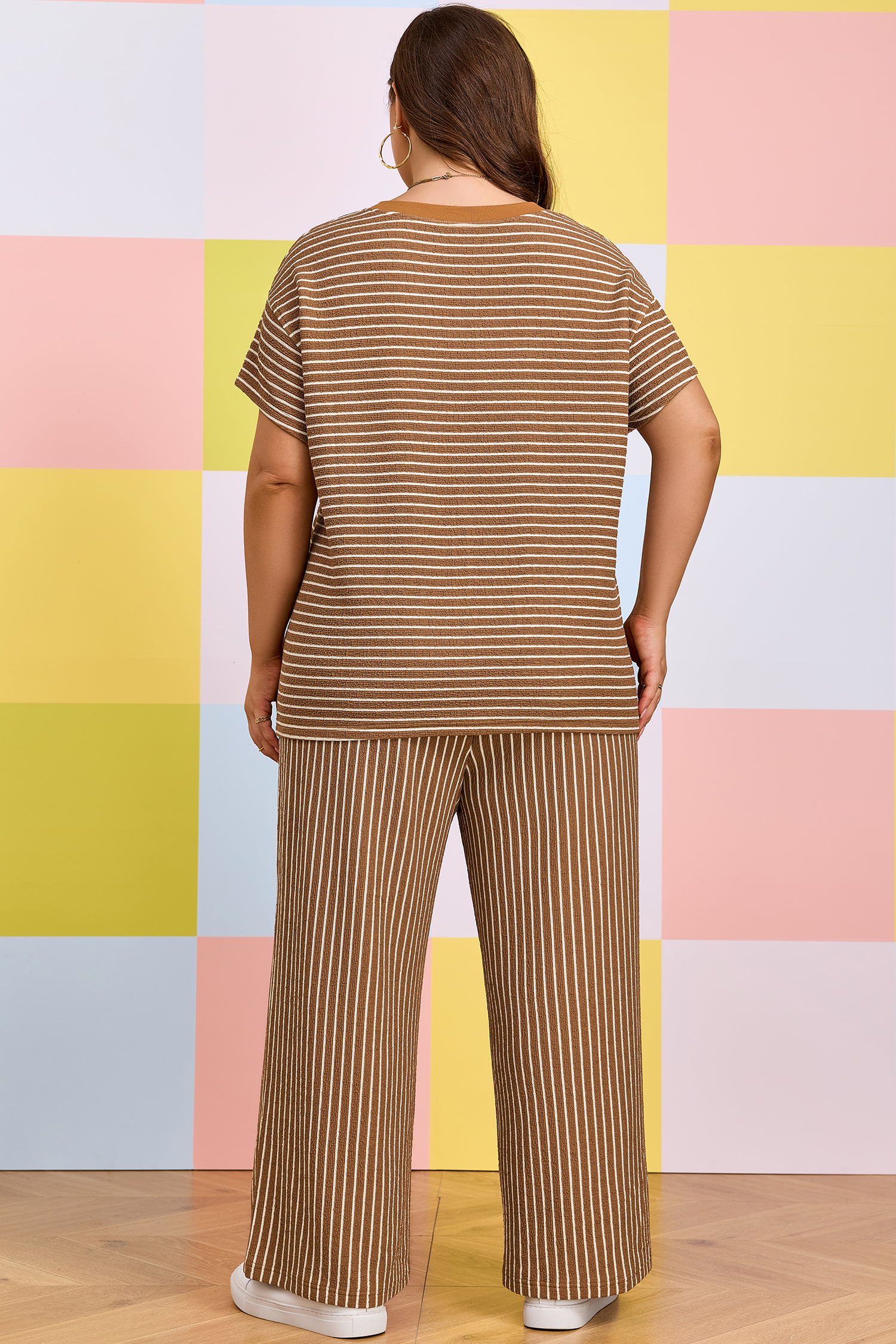 Plus Size Khaki Stripe  Striped Colorblock Pocket Lounge Set