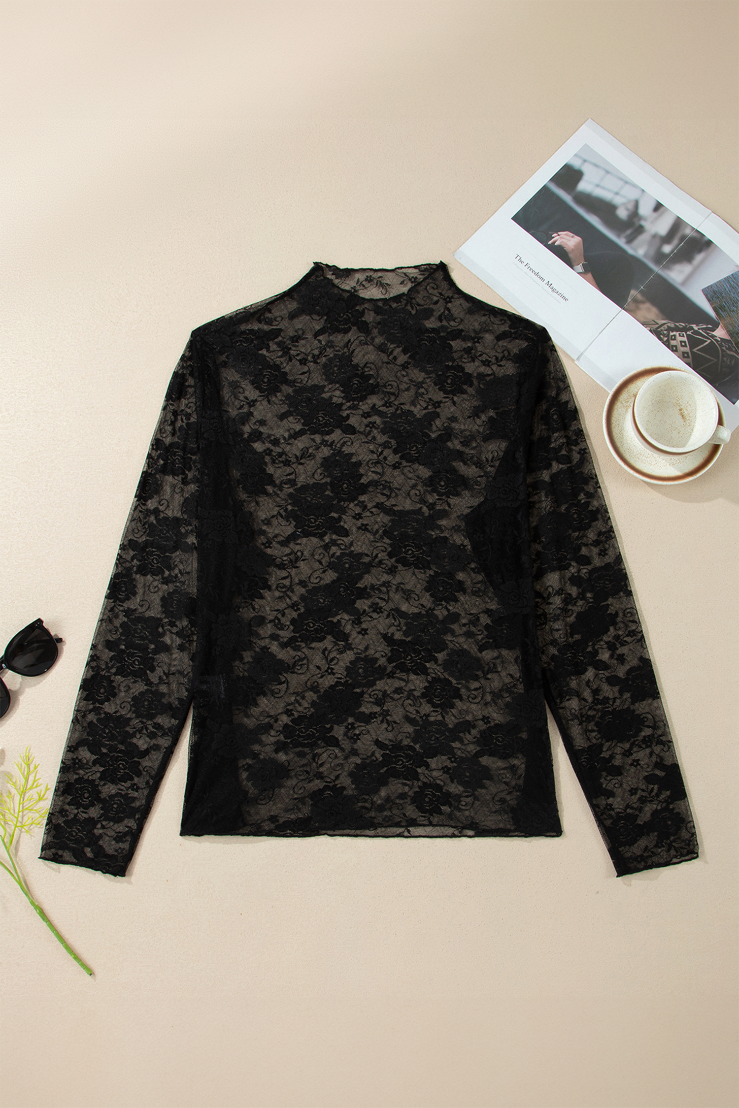 Plus Size Black  Floral Mesh Long Sleeve Top