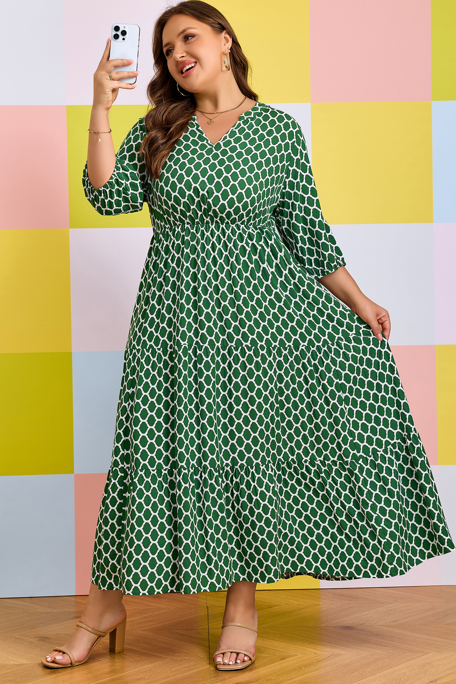 Plus Size Green  Geometric Print Pocketed Ruffle Hem Casual Dress